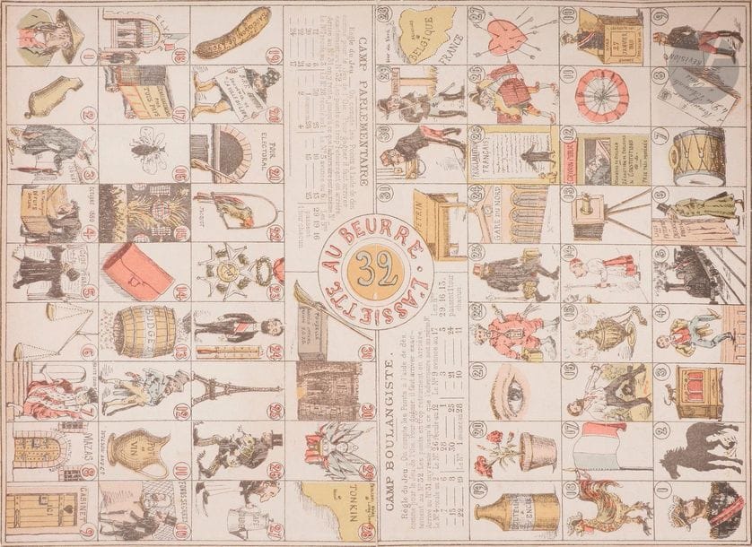 [JEUX].
Jeu de l’oie anti boulangiste.
[S.l. : L. Gilbert, 1889]. — 255?x?350.

Très rare jeu de l’oie anti boulangiste.

Le premier avril 1889, le général Boulanger, en catimini, prend le train pour Bruxelles avec sa maîtresse Madame Marguerite de Bonnemains. Il avait appris que l’ordre de son arrestation allait être promulgué le lendemain ou les jours suivants.
Le 30 mars, le journal Le Figaro, un des nombreux journaux pro-boulangistes, avait fait paraître un supplément qui ne pouvait être vendu séparément : un jeu de l’oie. Il y eut un pendant : quelques jours plus tard fut imprimé un jeu de l’oie anti boulangiste. On avait appris la fuite du général en Belgique.

C’est ce jeu de l’oie anti boulangiste que nous présentons ici. Imprimé en couleurs, il se divise en deux parties tête-bêche, l’une représentant le « Camp boulangiste » et l’autre le « Camp parlementaire ». Au centre en médaillon, figure l’indication « L’Assiette au beurre 32 ».

Notre exemplaire ne comporte ni nom d’éditeur, ni d’imprimeur. Un autre exemplaire de ce jeu fit partie de la collection de Pierre Dietsch (décédé en 1999), acquis par le musée de Rambouillet en 2008 ; il porte en petits caractères l’indication :  « L. Gilbert éditeur, F. Soisson imprimeur ».
Les recherches de la BNF et de l’École nationale des chartes nous ont permis de localiser l’imprimeur, mais nous n’avons pas réussi à situer l’éditeur parisien. On suppose que notre exemplaire a été légèrement massicoté pour rentrer dans un cadre, d’où la disparition des deux noms.

L’indication centrale « l’Assiette au beurre » n’a évidemment rien à voir avec la revue du même nom puisque le premier numéro de cette dernière date du 4 avril 1901.
L’erreur a été commise notamment par Alain René Girard et Claude Quétel dans le livre intitulé L’Histoire de France racontée par le jeu de l’oie (Balland-Massin 1982, page 125), citant la revue comme éditrice de cette plaquette.

Pièce exceptionnel