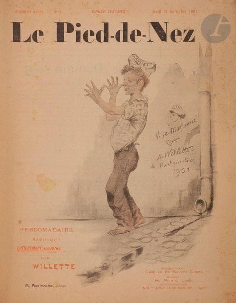 WILLETTE (Adolphe).
Le Pied-de-Nez.
Paris: S. Schwartz, November 21, 1901-December 27, 1901. - 6 fascicles in-4, stapled.

Rare set of numbers 1, 2, 3, 4 and 6, the latter in duplicate, out of the 11 issues of this ephemeral satirical review created and illustrated by the painter, illustrator and cartoonist Adolphe Willette (1857-1926). The texts were composed by Camille de Sainte-Croix.

Well preserved copies despite some freckles and minor tears.

Attached :
- MÉLANDRI (Achille)
.
Le Petit chaperon bleu. 17 drawings by Willette. Paris: Léon Vanier, 1888. - In-8, 11 pp. In sheets.

- Set of 4 original color etchings by Willette (210 x 163) from the artist's collection, with his stamp on the back. They are captioned : Centgarde. - Grenadier de la Garde. - Hunter of Vincennes. - Saint-Cyr.

- LEGAY (Marcel). All the range. Fifteen illustrated compositions and autograph letters. Paris: M. Emmanuel, 1900. - In-folio, illustrated cardboard of the publisher.

Album of music by Marcel Legay on poems by Paul Arène, Théodore de Banville, Charles Chincholle, J.-B. Clément, François Coppée, Alphonse Daudet, Charles Frémine, Émile Goudeau, Clovis Hugues, Paul Marrot, Charles Monselet, René Ponsard, Gérault Richard and Jean Richepin. It is illustrated with a cover and table of contents by Adolphe Willette, an intaglio frontispiece by Henri Pille and 16 full-page compositions after H.C. Delpy, Heidbrinck, Paul Léonnec, Paul Merwart, P. Quinsac, Henry Somm, Steinlen and Uzès.

A precious copy dedicated by Legay to the cartoonist and illustrator Georges Tiret-Bognet (1855-1935), one of the figures of the Montmartre mound, contributor to several newspapers such as Le Chat Noir, L'Ouvrier, Le Rire and Le Triboulet:

To my dear Georges Tiret-Bognet // Remembrance of the "Assassins" of the Place du Tertre // where we drank the trolleys, a memory // forever unalterable

.

// To your health. 