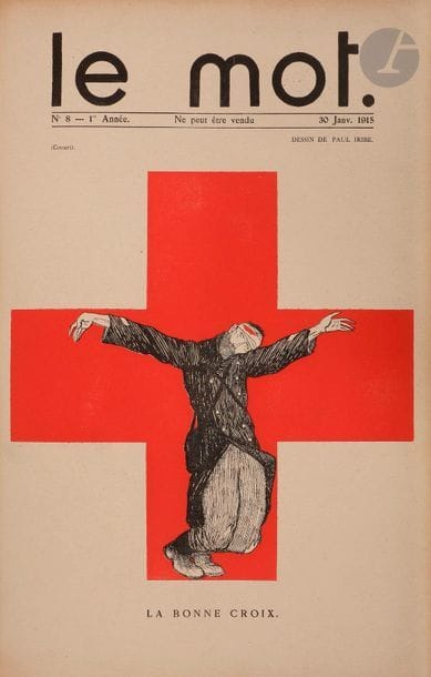 IRIBE (Paul) - COCTEAU (Jean).
Le Mot.
Paris, November 28, 1914-July 1, 1915. - 20 fascicules in-folio, 427 x 282. Bradel demi-toile burgundy with corners, smooth spine, speckled head, untrimmed, case (time binding).

Complete collection of this beautiful satirical and patriotic, anti-German magazine, directed by Paul IRIBE in collaboration with Jean COCTEAU, that the two friends, reformed for health reasons, founded to participate in the war effort.

It comprises 20 issues published from 28 November 1914 to 1 July 1915. Each issue, comprising 2 to 6 pages, is illustrated with black and colour compositions by Paul Iribe, Jean Cocteau under the pseudonym Jim, Sem (n° 3), Raoul Dufy (n° 10 and 13), Léon Bakst (n° 18), Albert Gleizes or André Lhote (n° 20).

"The ephemeral existence of the "Mot" easily demonstrates that the courageous newspaper was unable to meet its ambitious challenge: to interest both a vast public and the soldiers themselves, to whom several hundred free subscriptions were sent. It is to be deplored, but hardly surprising: "Le Mot", even if it speaks "just", is not a trench newspaper! It is addressed to an elite..." (Raymond Bachollet, in: Le Collectionneur français, N° 197 of January 1983, page 5).

A copy of which the first issue is in a second edition and in a deluxe edition on japan. Number 8 is accompanied by the censored cover representing a drawing entitled The Good Cross. Various articles on Le Mot from issues 195, 196, 197 and 200 of the magazine Le Collectionneur français have been attached separately.

Perfectly preserved bound copy. Freckles are noted in number 16. It is very rare to find bound copies of this magazine.











