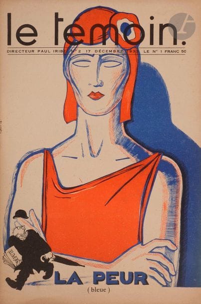 IRIBE (Paul).
Le Témoin.
Paris, 10 décembre 1933-30 juin 1935. — 67 fascicules in-folio et grand in-folio, agrafés.

Ensemble de 67 des 69 numéros de cette revue créée par Paul Iribe à son retour d’un long séjour aux États-Unis.

Il s’agit d’une nouvelle mouture de la première revue que l’artiste avait publiée de 1906 à 1910 sous le même titre. Iribe l’entreprit en 1933, alors que la situation en France était instable ; le pays était frappé par la crise économique qui avait éclaté aux États-Unis en 1929, la Troisième République s’essoufflait et on observait la montée du fascisme en Europe. Iribe inscrit alors son journal dans la ligne des publications de droite, ultranationaliste, anti-soviétique, anti-hitlérien et xénophobe, et le présentait comme l’ « Image de la France, de son esprit et de ses aspirations, de ses joies et de ses colères, défenseur de la “Marque France” ».

Il parut au total 69 numéros entre le 10 décembre 1933 et le 30 juin 1935. Chaque numéro était composé de la même manière, une couverture en couleurs généralement dessinée par Iribe, un grand dessin sur double page au centre, une publicité généralement à la gloire du luxe sur la dernière page, et quelques dessins à l’intérieur accompagnés de textes courts et percutants. Parmi les autres artistes figuraient H. Villemot, Maximilien Vox, Chas Laborde, Sennep, Touchagues, etc. La tonalité des dessins, en dehors du noir et du blanc, était le bleu et le rouge, « tonalités cocardières dont Iribe joue à la perfection pour imprimer à son journal une unité de ton, un rythme et une intensité dramatique proches d’une ambiance de mobilisation générale ! » (Le Collectionneur française, n° 203, juillet-août 1983, page 6). Les numéros 48 à 56 sont dans un format plus grand que les autres.

Il manque à l’ensemble les numéros 33 et 34.

On joint les articles du Collectionneur français consacrés ou faisant référence à cette revue.

Bon exemplaire tel que paru et dans l’en