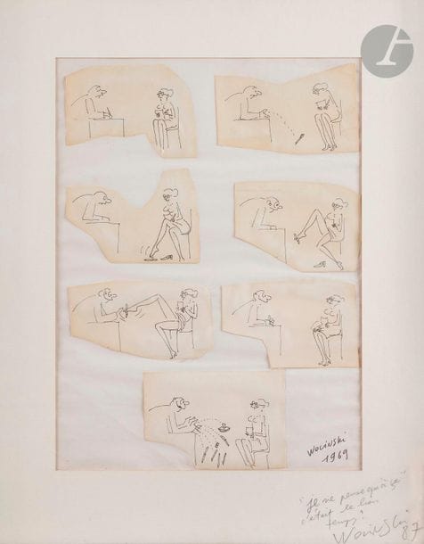 Georges WOLINSKI (1934-2015)
La Secrétaire, 1969
Encre sur 7 vignettes découpées, tirées du tome 2 de Je ne pense qu’à ça. 
Signée et datée en bas à droite sur le montage. Dédicacée en 1987 par l’artiste sur le passe-partout.
À vue : 31,5?x?23,5 cm

Provenance :
Vente exceptionnelle de 200 dessins originaux de Wolinski, Drouot, 16 mai 1987
On joint la plaquette de la vente dédicacée conjointement par François Cavanna et Georges Wolinski.

