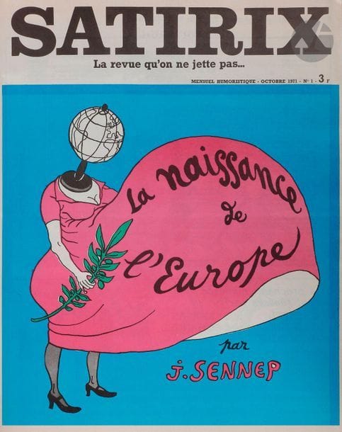 GRAND-JOUAN (Lucien).
Satirix. La revue qu’on ne jette pas…
Paris : Éditions de l’humour, 1971-1976 ; Tours : Adas, 2017-2018. — 28 fascicules in-folio, 352?x?282, reliés en demi-simili cuir brun de l’éditeur, dos lisse, étui ; et 3 fascicules brochés.

Collection complète de cette revue mensuelle satirique créée par l’écrivain et journaliste Lucien Grand-Jouan (né en 1937). Ce dernier la conçut dans l’esprit de L’Assiette au beurre dont son grand-oncle le dessinateur et affichiste Jules Grandjouan (1875-1968) avait été l’un des principaux collaborateurs.

Il parut 25 numéros entre octobre 1971 et janvier-février 1976, chacun illustré de caricatures en noir et en couleurs par les principaux dessinateurs et caricaturistes de l’époque, tels que Sennep, Jean Effel, Albert Dubout, Siné, Claude Serre, Tetsu, Pino Zac, César, etc. 

La publication connut un coup d’arrêt en 1973 avec la parution en septembre du numéro 23 intitulé La vérité toute nue illustré par Pino Zac. Contenant notamment des caricatures de personnalités politiques nues, il fut saisi et interdit par le ministère de l’intérieur du gouvernement Pompidou-Messmer. Il aura fallu attendre le procès et le jugement du 14 février 1975 pour lever l’inculpation d’outrage aux bonnes mœurs dont étaient victimes l’éditeur et le dessinateur. Le numéro 24 parut en octobre 1975, mais les difficultés financières eurent raison du journal qui ne publia par la suite qu’un seul autre numéro en janvier-février 1976.

Ce n’est qu’en janvier 1998 que Lucien Grand-Jouan fit paraître un numéro spécial hors-série sur Jules Grandjouan. Deux autres numéros, les 27 et 28, virent respectivement le jour en avril 2017 et mars 2018, publiés par Lucien Grand-Jouan et l’Association des Amis de Satirix, avec des illustrations de Nabe et de Kupka.

Précieux exemplaire dont les 25 premiers numéros sont réunis dans une reliure de luxe de l’éditeur. Le volume est enrichi d’un dessin original signé de Siné, dé