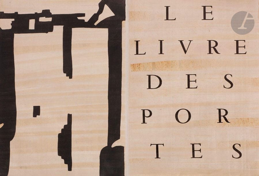 ROUAN (François) - LECUIRE (Pierre).
Le Livre des portes.
S.l. : Éditions des Livres de Pierre Lecuire, [1997]. — In-folio, 415?x?313 : (40 ff. 2 premiers et 2 derniers blancs), couverture illustrée. En feuilles, couverture rempliée en parchemin, emboîtage en toile grise de l’éditeur.

Édition originale très rare de ce recueil de 11 strophes de Pierre Lecuire, ornée de 16 pochoirs originaux du peintre et photographe François ROUAN (né en 1943) dont un sur la couverture en parchemin, un dans le texte et 14 à pleine page.

Tirage à seulement 43 exemplaires tirés sur papyrus d’Égypte, numérotés et signés par l’auteur et l’artiste.

Exemplaire parfaitement conservé.