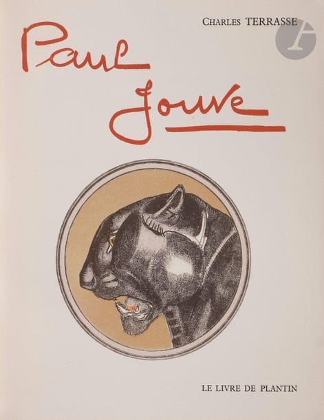 [JOUVE (Paul)] - TERRASSE (Charles).
Paul Jouve.
Paris : Livre de Plantin, 1948. — In-4, 276?x?225 : (5 ff.), 183 pp., couverture illustrée. Chagrin vert foncé, plats ornés d’un papillon doré ainsi que de filets ondulés et courbes dorés et à froid figurant de la végétation, dos orné au centre d’une composition en relief représentant un éléphant de face dont les oreilles dessinées en noir dépassent sur les plats, doublures de veau vert foncé encadré de chagrin vert orné de filets dorés, gardes de veau vert orné d’un filet à froid en encadrement, doubles gardes, tête dorée, non rogné, couverture et dos conservés, étui (J.-M. Granier).

Édition originale tirée à 502 exemplaires plus quelques exemplaires hors commerce, de cette monographie consacrée à la vie et à l’œuvre de Paul JOUVE (1878-1973). Elle comprend de nombreuses reproductions d’œuvres de l’artiste, ainsi que 10 lithographies originales, en noir et en couleurs, dont 3 sur double page.

Un des quelques exemplaires hors commerce destinés aux collaborateurs et à l’artiste, signé par André Guillaud, directeur de la Société des Éditions du Livre de Plantin.

Exemplaire en reliure doublée signée J.-M. Granier, présentant quelques défauts d’exécution. Dos entièrement passé, quelques petites épidermures à un angle du second plat, travaux de vers à la première doublure et à la première garde.