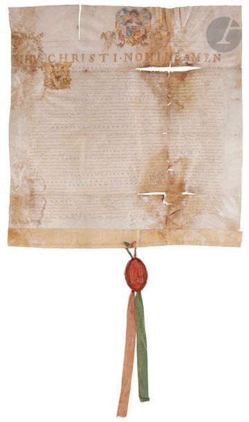 [AVIGNON]. [DROIT] 
Diplôme de docteur en droit conféré à Henri de Laurentiis [Henri de Laurens] par François de Laurens « pro primicerius » 
En latin, document sur parchemin, sceau de cire rouge conservé dans un boitier en fer blanc, pendant sur lac de soie rose et vert (Taches, trous avec perte de texte, parchemin accidenté). 
Avignon, 1622 

Dimensions : 560?x?565 mm 

Il doit s’agir d’un des fils de Jean des Laurens, lui-même troisième fils de Jérôme des Laurens. François des Laurens était le premier fils de Jérôme des Laurens, et prit la suite de son père au Tribunal de la Rote.
