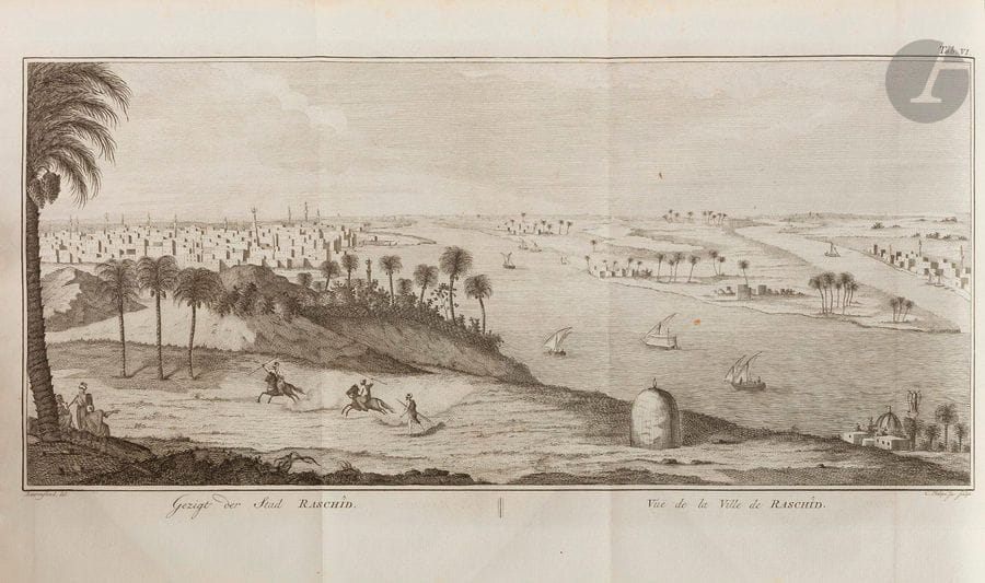 NIEBUHR (Carsten).
Trip to Arabia & other neighbouring countries.
Amsterdam: S.J. Baalde; Utrecht: J. van Schoonhoven & Comp., 1776-1780 - 2 volumes in-4, 252 x 198: VIII pp., (3 ff.), 409 pp., 72 plates, 1 folding map; VI pp., (5 ff.), 389 pp., 52 plates. Blond calfskin, triple gilt fillet framed on the plates, spine ribbed and decorated, inside gilt roulette, gilt edges (contemporary binding).

Brunet, IV, col. 74. - Chadenat, 5431.

original edition of the French translation of this famous account of the voyage to Arabia, Persia and India by the Danish navigator Carsten Niebuhr (1733-1815

).



It was on the proposal of the German theologian and orientalist J. D. Michaelis to the Danish government that this scientific expedition to the East was organized. The purpose of this journey, which lasted six years, from 1761 to 1767, was to study certain passages of the Bible in greater depth by studying the geography, customs, fauna and flora of these countries. Carsten Niebuhr took part as a mathematician and astronomer and was the only survivor, which earned him the honour of being named a member of the principal learned societies of Europe.

The edition offers a rich iconography with no less than 124 plates representing views, plans, costumes, etc., engraved by Philips C. Jacobs, Th. Koning, C. H. Koning, Carel Jacob De Huyser, Cornelis Brouwer, C. F. Fritsch, O. de Vries, Tringham and L. V. Beek based on compositions by Georg Wilhelm Baurefeind (1728-1763), Carsten Niebuhr and P. Kramer. In addition, there is a folding map of Yemen, dated 1763, with

damaged bindings, hinges split and glued awkwardly, blunt corners, damaged head caps with missing and worn-out rubbing

.

Very good interior condition except for a wetness on plate XXXIV in the first volume. Scorched LXI board, light wetting in the second volume.











