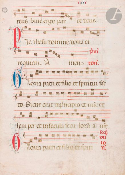 [ENLUMINURE]. Feuillet d’un livre de chœur (graduel??) 
France du nord ? Belgique ?, vers 1450-1475 
Grandes initiales P et G ornées avec décor filigrané, notation musicale carrée sur des portées à 4 lignes ; estampille collection Colbert de Beaulieu 
Dimensions : 510?x?370 mm

