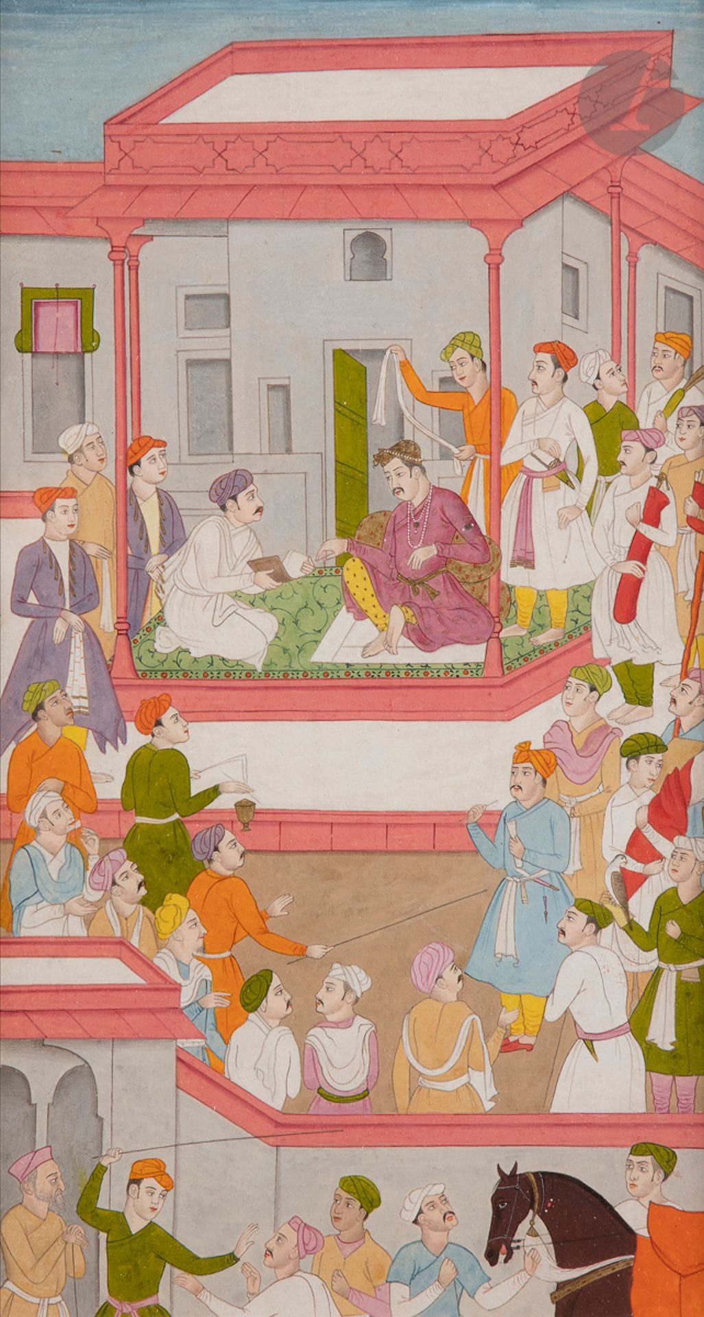 Abu’l Fazl présentant sa copie de l’Akbarnameh à Akbar, Lucknow 1ère moitié XIXe siècle, style de Godharvan
Gouache sur papier représentant l’historien officiel d’Akbar présentant à l’empereur assis sous un dais, le fruit de son travail, l’Akbarnameh. Encadrée sous verre.
Dim. à vue : 24 x 13 cm

A copy of a famous painting from the Mughal Akbarnama, Lucknow, 1st half of the 19th century

 Cette gouache a été copiée d’après une célèbre page de l’Akbarnameh peinte par Godharvan, Inde moghole, 1603-1605 et conservée à la Chester Beatty Library de Dublin, In 03.176.