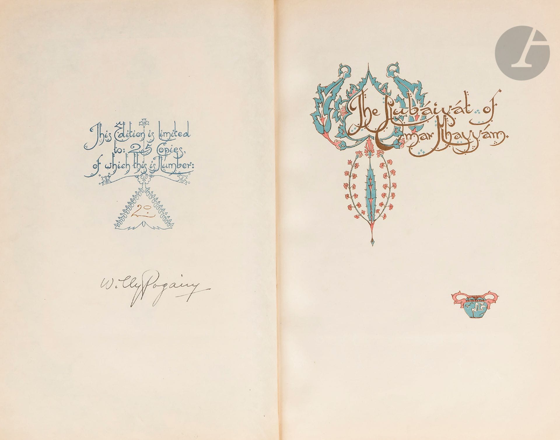 The Rubaiyat of Omar Khayyam, Vincent J. Brooks, Day and Son pour George G. Harrap, Londres, 1909.
Édition Deluxe limitée, copie N°  20 / 25. 24 illustrations couleur imprimées de l’artiste hongrois William Andrew Pogány (1882-1955), dont la signature « Willy « Pogány apparaît sur la page de titre suivant une double page de frontispice lithographié en couleurs. Lignes introductives d’hommage à Edward Fitzgerald par Lowell et dédicace de Pogány à Julius Germanus imprimée au verso du titre. Reliure d’éditeur en vélin blanc à décors dorés sur le dos et les plats.
