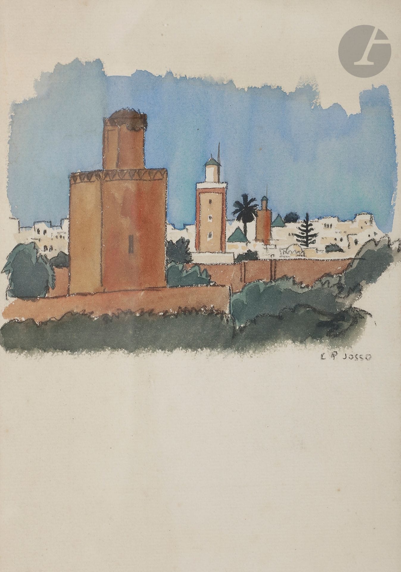 Camille Paul JOSSO (1902-1986)
Vue de Meknes
Aquarelle sur traits de fusain.
Signée en bas à droite.
21 x 15 cm

Camille-Paul JOSSO (1902, Nantes - 1986, Paris)
 Ingénieur-chimiste à la direction Générale des Phosphates du Protectorat français au Maroc, Josso fait partie de l’Association des peintres et sculpteurs du Maroc. Fondée en 1922 sous le mandat du général Hubert Lyautey, cette société artistique avait pour but de promouvoir le tourisme marocain, mais aussi de défendre la peinture locale en permettant aux membres d’exposer ensemble sous son égide. Ainsi, Josso expose-t-il à la galerie Georges Petit et, aux côtés de Majorelle, à la Galerie Simonson, rue Caumartin, en 1929. « L es peintres français du Maroc, en présentant leurs oeuvres à la galerie Simonson, ont permis aux visiteurs d’apprécier la beauté et d’éprouver l’attrait de ce pays surprenant. Ces artistes, dont on dit trop souvent qu’ils sont inutiles, auront donné à Paris une séduisante leçon de géographie pittoresque. », écrivait Gabriel-Rousseau dans son article dans Le Monde colonial illustré en janvier 1929. La même année les oeuvres de Josso sont montrées au pavillon officiel de la Mamounia à Rabat ; la revue La Terre marocaine publie à l’occasion un texte signé De Chabot qui décrivait son oeuvre : « Josso reproduit les paysages et les scènes en les imprégnant de mysticisme. Impressionniste par la façon d’exprimer la lumière, assemblant les plans colorés, il dessine en inféodant la réalité à l’impression décorative. ». Après son retour en France, l’artiste poursuivra son goût pour la géométrie de formes et des aplats de couleurs claires en se consacrant à la carrière d’illustrateur de livres d’art et de graveur (voir p.ex. Les aventures de deux captifs François dans le royaume de Fez et de Maroc ou Traité des passions).