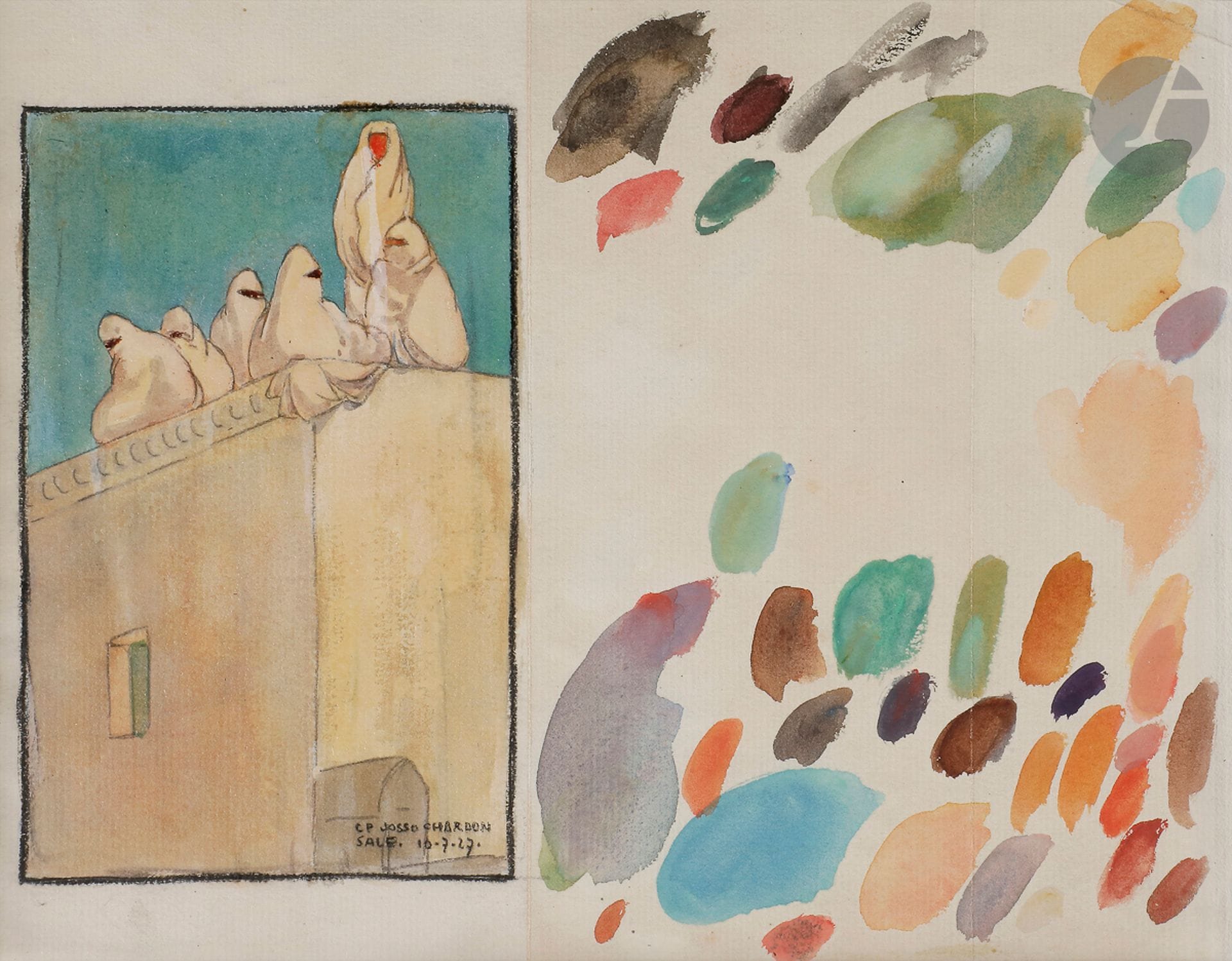 Camille Paul JOSSO (1902-1986)
Salé, Maroc, femmes sur la terrasse, 1927
Aquarelle sur traits de crayon noir.
Signée, datée et située en bas à droite.
17 x 22,5 cm

Camille-Paul JOSSO (1902, Nantes - 1986, Paris)
 Ingénieur-chimiste à la direction Générale des Phosphates du Protectorat français au Maroc, Josso fait partie de l’Association des peintres et sculpteurs du Maroc. Fondée en 1922 sous le mandat du général Hubert Lyautey, cette société artistique avait pour but de promouvoir le tourisme marocain, mais aussi de défendre la peinture locale en permettant aux membres d’exposer ensemble sous son égide. Ainsi, Josso expose-t-il à la galerie Georges Petit et, aux côtés de Majorelle, à la Galerie Simonson, rue Caumartin, en 1929. « L es peintres français du Maroc, en présentant leurs oeuvres à la galerie Simonson, ont permis aux visiteurs d’apprécier la beauté et d’éprouver l’attrait de ce pays surprenant. Ces artistes, dont on dit trop souvent qu’ils sont inutiles, auront donné à Paris une séduisante leçon de géographie pittoresque. », écrivait Gabriel-Rousseau dans son article dans Le Monde colonial illustré en janvier 1929. La même année les oeuvres de Josso sont montrées au pavillon officiel de la Mamounia à Rabat ; la revue La Terre marocaine publie à l’occasion un texte signé De Chabot qui décrivait son oeuvre : « Josso reproduit les paysages et les scènes en les imprégnant de mysticisme. Impressionniste par la façon d’exprimer la lumière, assemblant les plans colorés, il dessine en inféodant la réalité à l’impression décorative. ». Après son retour en France, l’artiste poursuivra son goût pour la géométrie de formes et des aplats de couleurs claires en se consacrant à la carrière d’illustrateur de livres d’art et de graveur (voir p.ex. Les aventures de deux captifs François dans le royaume de Fez et de Maroc ou Traité des passions).