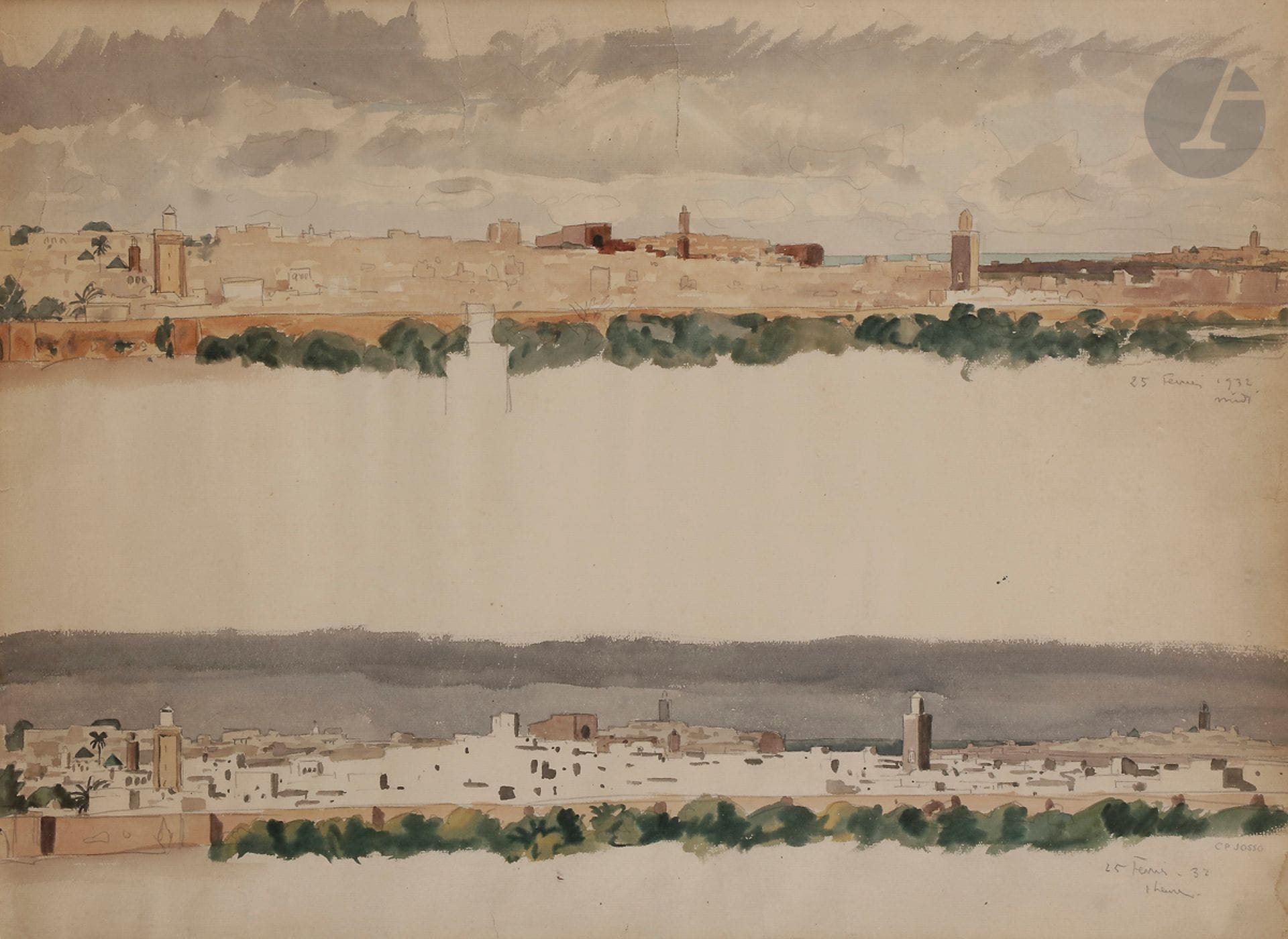 Camille Paul JOSSO (1902-1986)
Vue de Meknes à midi et le soir, 1932
Aquarelle.
Signée et datée en bas à droite.
Annotée 25 février 1932 midi - 1 heure.
(Déchirures).
47 x 62 cm 

Camille-Paul JOSSO (1902, Nantes - 1986, Paris)
 Ingénieur-chimiste à la direction Générale des Phosphates du Protectorat français au Maroc, Josso fait partie de l’Association des peintres et sculpteurs du Maroc. Fondée en 1922 sous le mandat du général Hubert Lyautey, cette société artistique avait pour but de promouvoir le tourisme marocain, mais aussi de défendre la peinture locale en permettant aux membres d’exposer ensemble sous son égide. Ainsi, Josso expose-t-il à la galerie Georges Petit et, aux côtés de Majorelle, à la Galerie Simonson, rue Caumartin, en 1929. « L es peintres français du Maroc, en présentant leurs oeuvres à la galerie Simonson, ont permis aux visiteurs d’apprécier la beauté et d’éprouver l’attrait de ce pays surprenant. Ces artistes, dont on dit trop souvent qu’ils sont inutiles, auront donné à Paris une séduisante leçon de géographie pittoresque. », écrivait Gabriel-Rousseau dans son article dans Le Monde colonial illustré en janvier 1929. La même année les oeuvres de Josso sont montrées au pavillon officiel de la Mamounia à Rabat ; la revue La Terre marocaine publie à l’occasion un texte signé De Chabot qui décrivait son oeuvre : « Josso reproduit les paysages et les scènes en les imprégnant de mysticisme. Impressionniste par la façon d’exprimer la lumière, assemblant les plans colorés, il dessine en inféodant la réalité à l’impression décorative. ». Après son retour en France, l’artiste poursuivra son goût pour la géométrie de formes et des aplats de couleurs claires en se consacrant à la carrière d’illustrateur de livres d’art et de graveur (voir p.ex. Les aventures de deux captifs François dans le royaume de Fez et de Maroc ou Traité des passions).