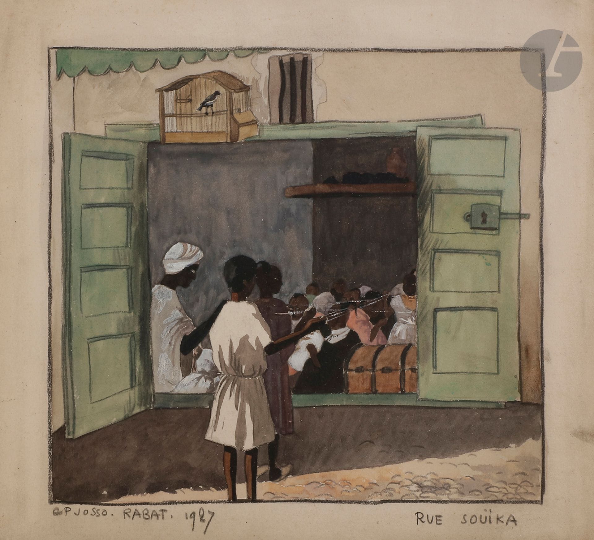 Camille Paul JOSSO (1902-1986)
Rabat, école rue Souïka, 1927
Aquarelle et rehauts de gouache sur traits de crayon.
Signée, datée et située en pied.
22,5 x 26,5 cm

Camille-Paul JOSSO (1902, Nantes - 1986, Paris)
 Ingénieur-chimiste à la direction Générale des Phosphates du Protectorat français au Maroc, Josso fait partie de l’Association des peintres et sculpteurs du Maroc. Fondée en 1922 sous le mandat du général Hubert Lyautey, cette société artistique avait pour but de promouvoir le tourisme marocain, mais aussi de défendre la peinture locale en permettant aux membres d’exposer ensemble sous son égide. Ainsi, Josso expose-t-il à la galerie Georges Petit et, aux côtés de Majorelle, à la Galerie Simonson, rue Caumartin, en 1929. « L es peintres français du Maroc, en présentant leurs oeuvres à la galerie Simonson, ont permis aux visiteurs d’apprécier la beauté et d’éprouver l’attrait de ce pays surprenant. Ces artistes, dont on dit trop souvent qu’ils sont inutiles, auront donné à Paris une séduisante leçon de géographie pittoresque. », écrivait Gabriel-Rousseau dans son article dans Le Monde colonial illustré en janvier 1929. La même année les oeuvres de Josso sont montrées au pavillon officiel de la Mamounia à Rabat ; la revue La Terre marocaine publie à l’occasion un texte signé De Chabot qui décrivait son oeuvre : « Josso reproduit les paysages et les scènes en les imprégnant de mysticisme. Impressionniste par la façon d’exprimer la lumière, assemblant les plans colorés, il dessine en inféodant la réalité à l’impression décorative. ». Après son retour en France, l’artiste poursuivra son goût pour la géométrie de formes et des aplats de couleurs claires en se consacrant à la carrière d’illustrateur de livres d’art et de graveur (voir p.ex. Les aventures de deux captifs François dans le royaume de Fez et de Maroc ou Traité des passions). 

Camille-Paul JOSSO (1902, Nantes - 1986, Paris)
 Ingénieur-chimiste à la direction Générale des 