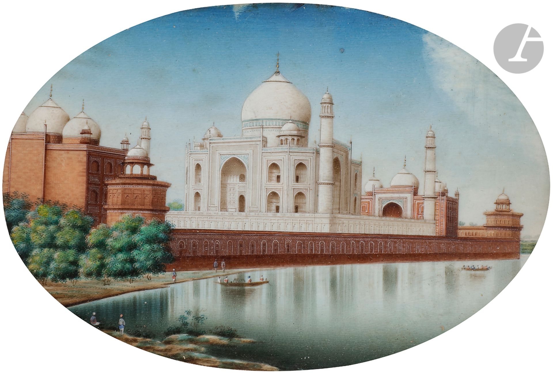 Vue du Taj Mahal près de la rivière Yamunâ, Inde du Nord, Company School, deuxième moitié du XIXe siècle 
Miniature peinte en polychromie sur plaque d’os ovale. Sous verre dans un cadre en qatamkari. 
Dim. à vue : 9,6 x 14,5 cm ; dim. cadre : 26 x 31 cm

A view of the Taj Mahal nearby the Yamunâ river, North India, Company School, 2nd half of the 19th century