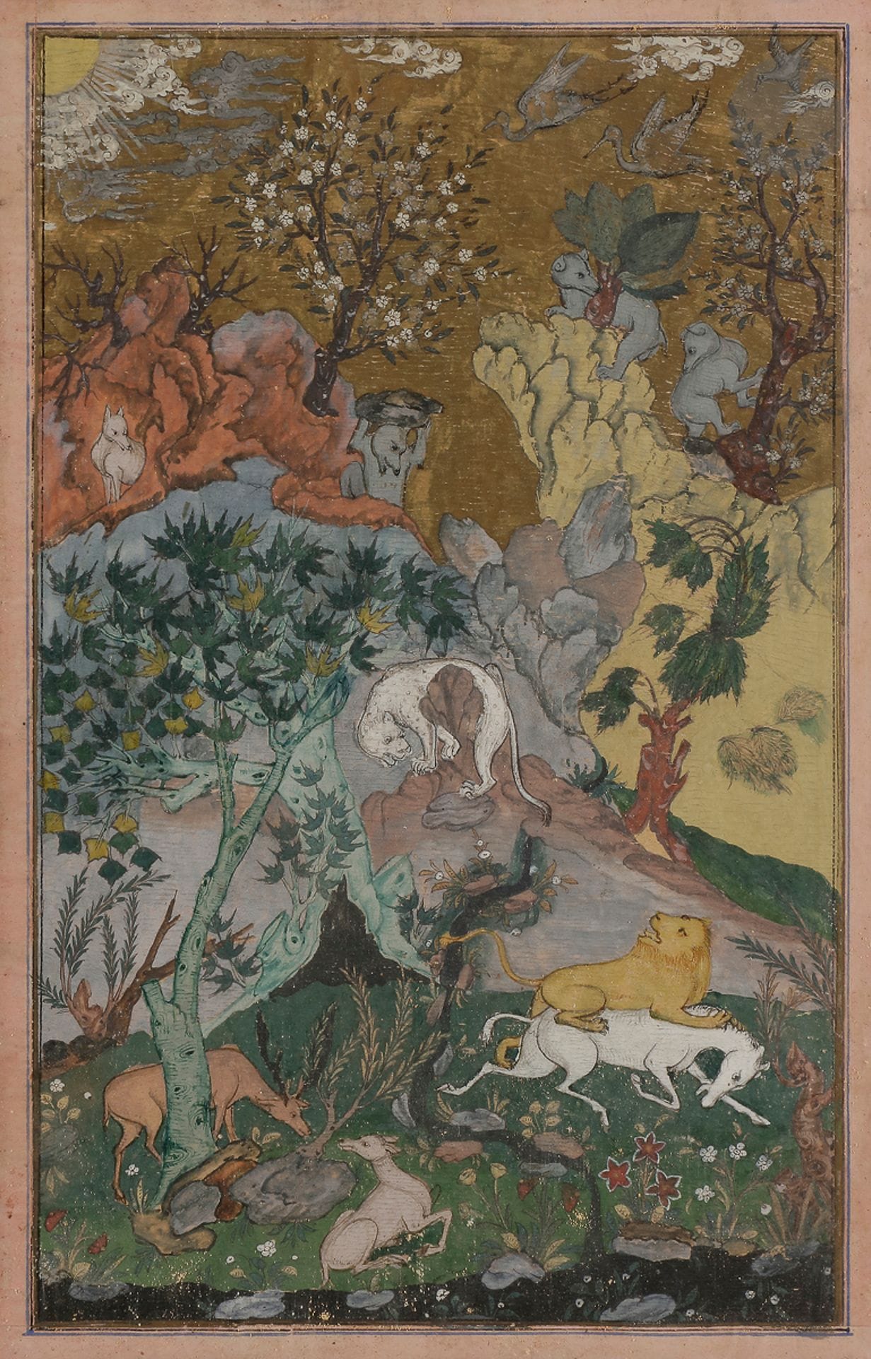La vie animale, Iran, style safavide, XIXe siècle
Gouache et or sur papier représentant un paysage de montagne aux rochers tortueux peuplé de différentes espèces animales, ours grimpant aux rochers, lion et cheval s‘affrontant, cerf courtisant une biche, ou encore félin et loup. Sous cadre.
Dim. miniature : 24,3 x 14,7 cm
Craquelures et manques.

The animal life, Iran, Safavid style, 19th century

 Le motif de l’ours, et en particulier l’ours s’apprêtant à jeter un rocher comme au centre de la composition, est fréquent dans l’art du livre safavide, tant dans les reliures estampées que les peintures.
Voir par exemple : “La fête de Sada”, fol. 22v du Shahnameh de Shah Tahmasp, Iran, Tabriz, vers 1525, New York, The Metropolitan Museum of Art (1970.301.2) ou encore “La cour de Gayumars”, folio d’un Shahnameh, Iran, Shiraz, 1562, Cambridge, Harvard Art Museums (2002.50.150).