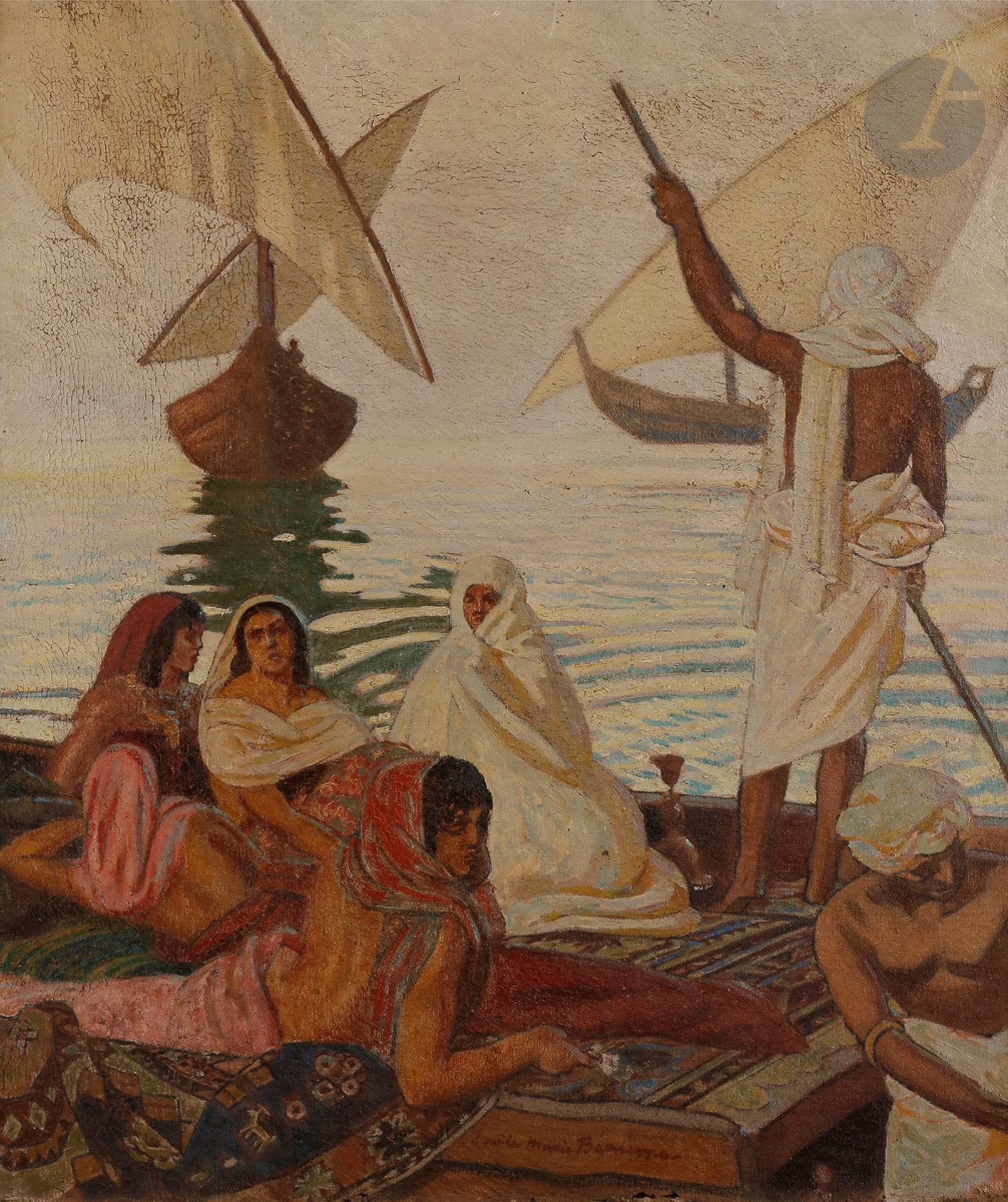 Émile Marie BEAUME (1888-1967)
Femmes au repos sur une felouque
Huile sur toile.
Signée en pied.
(Craquelures et petits manques).
65 x 54 cm
