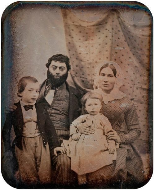 Unidentified DaguerreotypistIndre
et Loire, Loches, September 14, 1845.
Brunaud family portrait in the open air. (Pierre Auguste Brunaud, Marie Julie Fouque Lacroix, Pierre Augustin Brunaud and Marie Julie Ernestine Brunaud). 
Daguerreotype 1/6 of a plate, in its period frame. Caption, date, names of the models mentioned in ink on the reverse side of the mount. 


Unidentified daguerreotypistIndre
et Loire, Loches, September 14th, 1845.
Brunaud family, outdoor family portrait. (Pierre Auguste Brunaud, Marie Julie Fouque Lacroix, Pierre Augustin Brunaud and Marie Julie Ernestine Brunaud)



.




Daguerreotype, 1/6 plate, in its original frame. Caption, date, model's names handwritten in ink on verso of the mount. 
Daguerreotype dimensions: 7.5 x 6 cm









