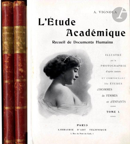 VIGNOLA, AMEDEO (1862-1939)2 volumes.
L'Étude académique, collection of human documents. Illustrated by photography from
nature.

Paris, Librairie d'art technique

, 1904-1906


.2 volumes In-8 (25 x 18 cm), 196 + 198 pp. More than 600 black and white photographs credited with the mention "E. A. phot". At the head of the second volume a two-page text signed A. Vignola. Some pages have a number from 1 to 48 in the lower right-hand corner. This is a periodical publication with 20 cover pages and two pages of text in each issue. Red leather-cornered half binder with title label. In these two volumes the fascicles have been bound in a disorderly fashion. (The Bibliothèque Nationale de France has only one issue of this periodical for 1904 and one issue for 1906: https://gallica














































































































































































































.



bnf.fr/ark:/12148/cb32770741t/date.item.)Ref. Bertolotti p. 12











.