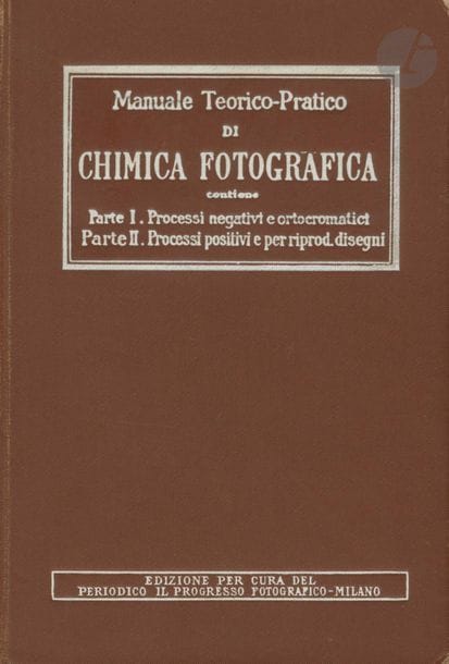 NAMIAS, RODOLFO (1867-1938) [Signed]
Manuele teorico-pratico di chimica fotografica. 
Edizione per cura del periodico il progresso fotografico, Milano 1910/1912.
In-8 (18 x 12 cm). Quatrième édition, dédicacée et signée par Rodolfo Namias à L. P. Clerc. Deux volumes reliés en un. 615 & 472 pp. Reliure rigide de l'éditeur avec titre en blanc. 
Provenance : collection Jean-Pierre Sudre (étiquette en page de garde).