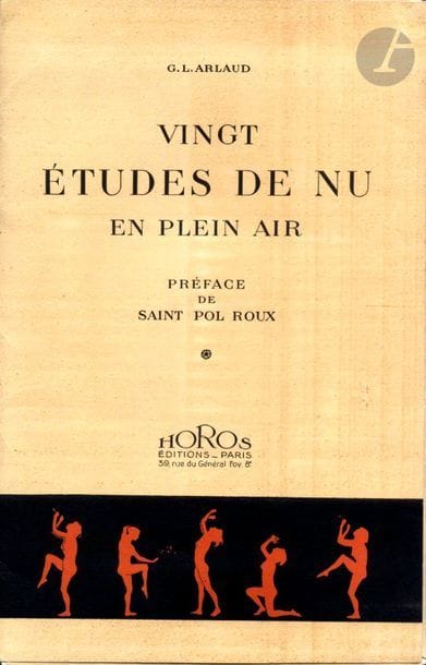 ARLAUD, GEORGES-LOUIS (1869-1944)
Vingt études de nu en plein air.
Horos Éditions, Paris, [1921].
Grand In-folio (42 x 27 cm). Édition originale. Portfolio contenant 25 planches dont 5 planches de titre et de texte et 20 planches photographiques reproduites en héliogravure sous serpentes, texte de Saint Pol Roux. Chemise souple à rabats avec titre imprimé en couverture. (Déchirure d’un centimètre au coin supérieur du portfolio, exemplaire en bel état).
Réf. Bertolotti, pp. 40-41.