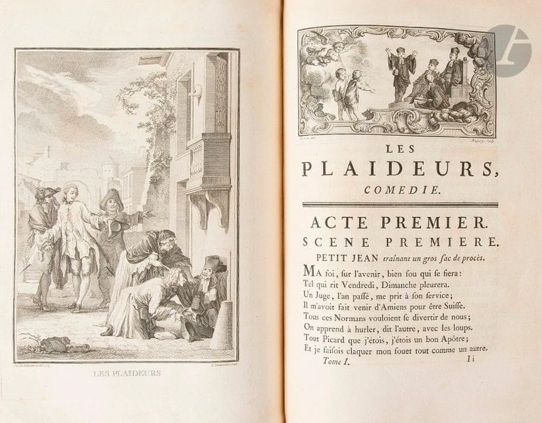 RACINE (Jean).

Œuvres.

Paris, 1760. - 3 volumes in-4, 282 x 212 : portrait, (2 ff.), xviij pp., (3 ff.), 414 pp., (1 f. blanc), 5 planches ; (2 ff.), iv, 447 pp., 5 planches ; (2 ff.), iv, 412 pp., 2 planches. Veau blond, triple filet doré en encadrement sur les plats, dos à nerfs orné, roulette dorée intérieure, tranches dorées (reliure de l'époque).



Coiffes de tête arasées, coins émoussés, frottements d'usage aux dos et sur les plats. Travaux de vers aux mors, fente à hauteur des deux caissons inférieurs à la charnière du premier plat du premier volume. Rousseurs éparses, quelques feuillets brunis. Taches aux pages 69 à 73 du premier volume.