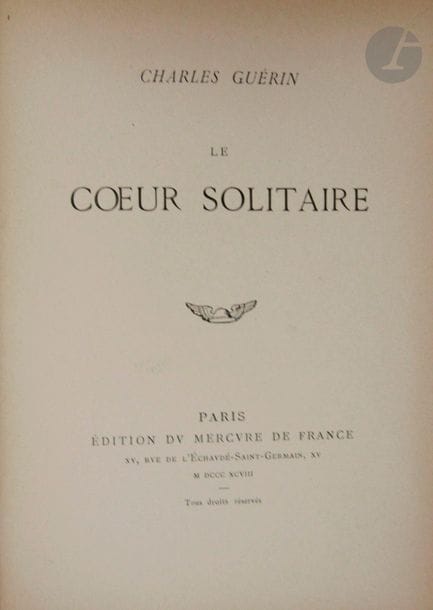 GUÉRIN (Charles).

Le Cœur solitaire.

Paris : Mercure de France, 1898. - In-8, cartonnage papier marbré à la bradel, dos lisse, non rogné, couverture conservée (reliure de l'époque).

Édition originale de ce recueil de poèmes, tirée à 413 exemplaires numérotés.

Un des 390 exemplaires sur vélin teinté, celui-ci enrichi d'un envoi autographe de l'auteur à l'écrivain Octave Mirbeau sur le faux titre :



à M. Octave Mirbeau // en hommage // Charles Guérin



Bon exemplaire malgré quelques frottements d'usage aux coiffes, aux charnières et aux coins.
