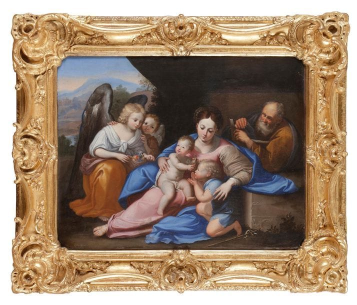 École bolonaise du XVIIe siècle
La Sainte Famille avec St Jean-Baptiste et deux anges
Toile.
Restaurations anciennes.
52 x 65 cm