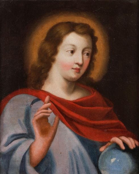 École FRANÇAISE du XVIIe siècle
Christ en Salvator Mundi
Toile.
Restaurations anciennes.
42 x 35 cm
