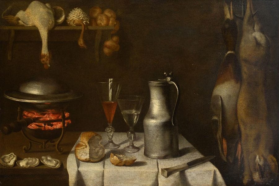 Attributed to Albrecht KAUW (1621 - 1681) 
Still life with pewter pitcher, glass of wine and brazier 
Canvas.
Old restorations.
67.5 x 103.5 cm

Provenance: 
Anonymous sale, Paris, Hôtel Drouot, 7 December 1973 (Me Ader). 

 Exhibition: 
La vie silencieuse, Galerie Charpentier 1946 (as a 17th century French school). 

 Originally from Strasbourg, Albrecht Kauw moved to Bern after 1640 where he had a prolific career in both private castles and public buildings; his work consists of portraits, landscapes and still lifes. The still life that we present here is typical of his works, with the table occupying two thirds of the space, vegetables and game wisely arranged next to each other.