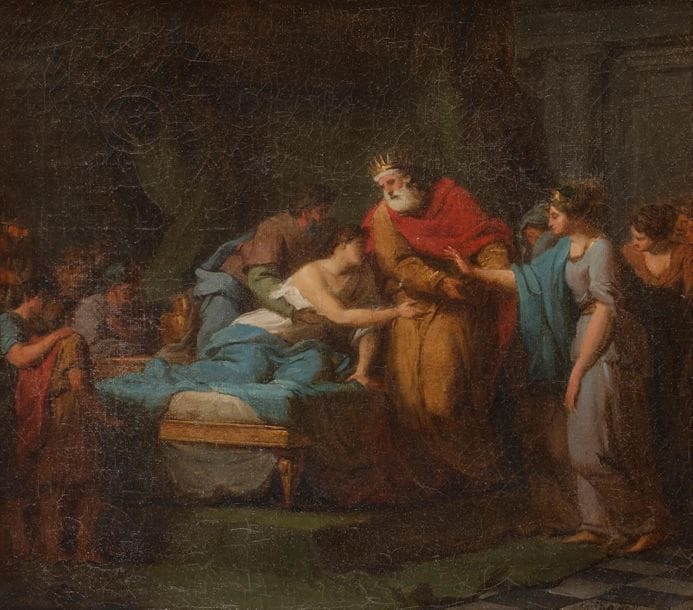 Jean Joseph TAILLASSON (1745 - 1809)
La maladie d’Antiochus
Toile.
Restaurations anciennes.
38 x 42 cm

 Salon de 1785, n° 117 : « esquisses peintes : la Maladie d’Antiochus et la Naissance de la Vierge »
Le sujet est tiré de Plutarque : Le médecin Erasistrate, appelé au chevet d’Antiochus, a compris la source de son mal. Fils de Séleucus, roi de Syrie, Antiochus est tombé amoureux de la seconde épouse de son père, la belle Stratonice, fille du roi de Macédoine. Interrogé sur la conduite à tenir, Séleucus, pour sauver son fils, consent à lui céder Stratonice.