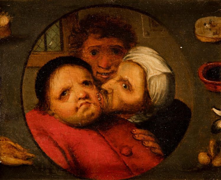 Attributed to Pieter BALTEN (1527 - 1584), after Pieter BRUEGHEL the Elder
The fight of Lean and Fat in a painted circle
Oak panel, one plank, not parquet flooring.
Old restorations.
11 x 14 cm

 The subject belongs to medieval folklore: the fight of the lean and the fat is associated in Flanders with the
Lenten period and the Carnival celebrations. Its very tight framing on the faces is inspired by the panel by Pieter Brueghel the old man depicting a plump priest bitten by two old women (Copenhagen, Statens Museum for kunst), without retaining the anticlerical charge, changing the gender of the aggressors and adopting a circular format for the scene. Several versions with variants are known.