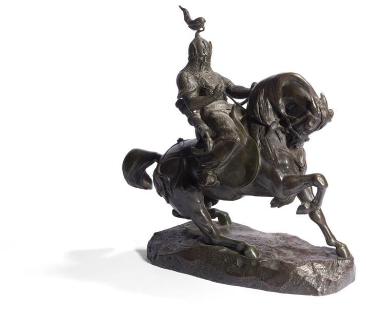 Antoine-Louis Barye (1796 - 1875)
Guerrier tartare (arrêtant son cheval)
Fonte posthume ; édition Barbedienne à partir de 1877.
Signé « Barye » sur la terrasse.
Porte la marque du fondeur « F.Barbedienne. Fondeur » et le n° 444 frappé à l’intérieur
H : 38 cm et dim. terrasse : 31,5 x 13 cm

Bibliographie :
- Michel POLETTI, Alain RICHARME, Barye, le catalogue raisonné des sculptures, Paris, Gallimard, 2000, modèle décrit et reproduit pp. 76-77 sous l’illustration 24. 
- Florence RIONNET, Les Bronzes Barbedienne. L’œuvre d’une dynastie de fondeurs (1834-1954), Paris Arthena, 2016, cat. 417, p. 270.