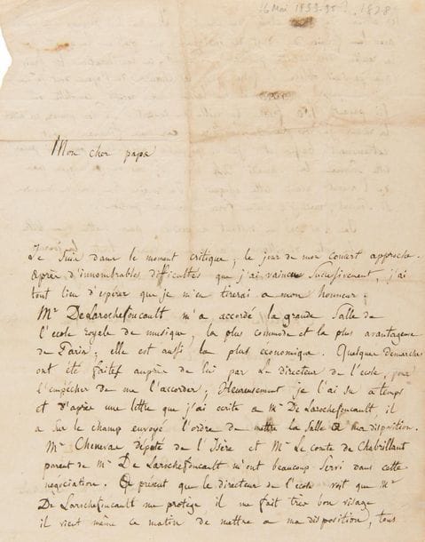 BERLIOZ Hector (1803-1869).
L.A.S. " H. Berlioz", Paris May 16 [1828], to his father Doctor Louis BERLIOZ; 2 pages in-4 (slightly
wrinkled, small repairs).

Beautiful letter to his father

announcing his first concert.

 
In his Memoirs (chap. XVIII), Berlioz recounted how, madly in love with the English actress Harriet Smithson, he resolved to make himself known to her; he had not yet given anything to the public except his solemn Mass in the church of Saint-Roch. "Then I tried what no composer in France had yet tried. I dared to undertake to give, at the Conservatory, a great concert composed exclusively of my works. Despite the opposition of Cherubini, director of the Conservatory, he obtained the concert hall, thanks to the superintendent of Fine Arts Sosthène de La Rochefoucauld. He had the overtures by Waverley and the Francs-Juges (and an aria from this opera) played, the scene of the Greek Revolution, and, as a replacement for the cantata The Death of Orpheus, the Resurrexit of his solemn Mass. Although the concert was a great success, Harriet Smithson never even heard of it. "In short, however, this concert was of real use to me; first by making me known to the artists and the public, which, despite Cherubini's opinion, was beginning to become necessary; then by putting me to grips with the many difficulties presented by the composer's career, when he wants to organize the performance of his works himself. Through this ordeal I saw how much I still had to do to overcome them entirely. Needless to say, the revenue was barely enough to pay for lighting, posters, poverty law, and my unpayable choristers who




 





 





 





 





 





 





 





 





 





 





 




