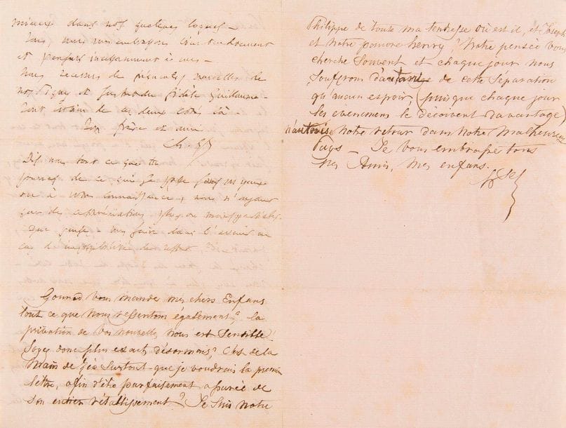 GOUNOD Charles (1818-1893).
L.A.S. « Ch. Gd », Londres 4 octobre 1870, à son parent Henri ; 1 page et demie in-8. 
Exil en Angleterre pendant la guerre.
Ils sont très inquiets de ne pas avoir de leurs nouvelles depuis qu’il a appris « l’affreux malheur » qui a frappé Henri : « Nous trouvons le temps bien long, et l’absence donne à nos cœurs des exigences et des besoins que tu comprendras ». Ils ont appris par les journaux qu’Évreux a failli être assailli, et il demande avec anxiété des nouvelles de tous : « Vous avez plus à nous dire que nous autres qui sommes à la diète de tout ce qui nous est cher. […] Anna [sa femme] et grand-mère vont assez bien ; elles sont près de moi, tirant l’aiguille de leur mieux dans nos quelques loques. Tous, nous vous embrassons bien tendrement et pensons incessamment à vous. […]. Que pensez-vous faire dans l’avenir en cas d’impossibilité de rester ? » Il signe : « Ton frère et ami Ch. Gd ».
À la suite, sa belle-mère Hortense ZIMMERMANN a ajouté 16 lignes pour ses « chers enfans » : « chaque jour nous souffrons d’autant de cette séparation qu’aucun espoir (puisque chaque jour les événements le déçoivent davantage) n’autorise notre retour dans notre malheureux pays »…