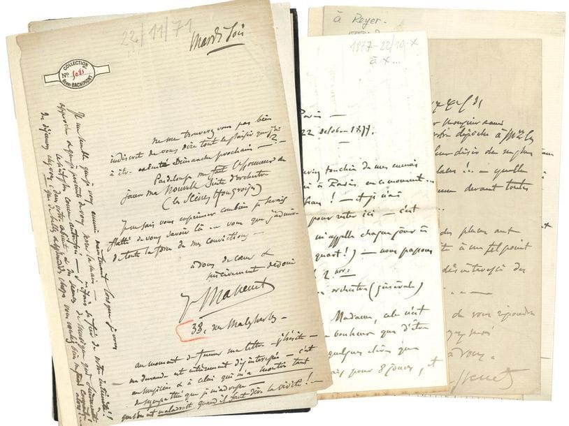 MASSENET Jules (1842-1912).
19 L.A.S. « J. Massenet », « Massenet » ou « J.M. » (une non signée), [1871-1909 ?] et s.d., à divers ; 34 pages in-8 ou in-12, une adresse et quelques enveloppes.
Mardi soir [22 novembre 1871], à un musicien. Pasdeloup jouera dimanche la nouvelle suite d’orchestre de Massenet, les Scènes hongroises : « je serais flatté de vous savoir là » ; il regrette la perte de leur intimité d’autrefois… Rome 11 mai 1873, à un critique, disant « la joie glorieuse » que lui cause son estime ; à l’Académie de Rome, M. Hébert et les pensionnaires ont lu l’article sur Magdeleine : « la poésie répandue dans votre compte rendu ajoutait à la poésie de l’œuvre de Gallet »… Paris 7 mai 1876, à un ami [Armand Silvestre ?] : « Je sais le grand & complet succès de Dimitri. Personne plus que moi n’en est aussi heureux… si ce n’est Joncières & toi ! »… 22 octobre 1877, à une dame. Longue lettre sur sa servitude à l’Opéra, et son engagement à participer à l’inauguration des Concerts populaires d’Angers… 29 juillet 1881, à Auguste Vaucorbeil, directeur de l’Opéra, le pressant de mettre Jourdain aux études du Roi de Lahore, en vue d’une reprise avec Mme Montalba et Lassalle… 17 juillet [1884 ?], à Ernest REYER, se réjouissant du « très grand succès de Sigurd à Londres. J’en suis bien sincèrement heureux »… Bruxelles 5 novembre 1890, à Poncet, directeur du Grand Théâtre de Lyon, recommandant que l’interprète du rôle-titre d’Esclarmonde respecte les dessins et photographies des costumes ; nouvelles du succès de la générale de Manon à la Monnaie… 9 septembre 1897, à J. Hollman. « J’ai vu Mr Heugel il m’a absolument promis l’épreuve à corriger »… Samedi matin. « J’ai eu ta lettre hier soir. Je t’en remercie mais je reste très affligé… de bien des choses !! »… Il a dîné à l’Élysée, à la table d’honneur, et a pu causer utilement avec son voisin Couyba… Etc.