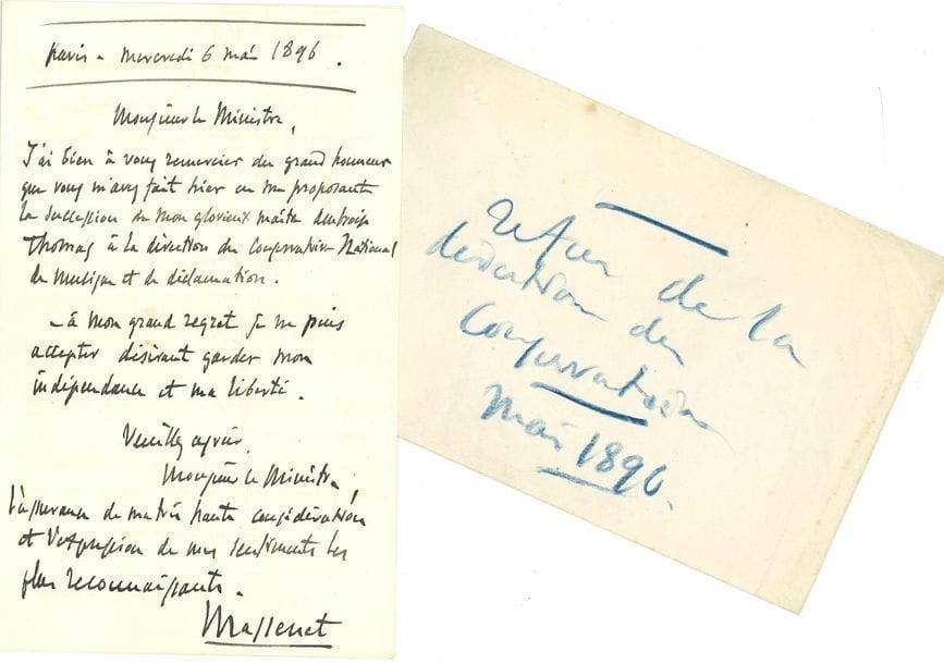 MASSENET Jules (1842-1912).
7 L.A.S. « J. Massenet » ou « Massenet », Paris 1884-1905 et s.d., à divers ; 11 pages in-8.
13 avril 1884, à un journaliste du Fifre de Marseille, remerciant pour un « compte rendu tellement sympathique » de Manon… 22 décembre 1887, à un ami [le librettiste Jules Adenis ?] : il n’a pas reçu de réponse à sa lettre au directeur, à qui il désirait faire plutôt une visite, mais il est en Italie. « Comptez absolument sur moi qui vous aime bien ! »… 12 avril 1894, au chanteur Jacques ISNARDON. Il est heureux des nouvelles de la représentation prochaine de Manon à Turin, et surtout de ses interprètes et du Maestro Brama. « Je suis tranquille sur la mise en scène de mon opéra, puisque c’est vous-même qui vous en chargez, vous qui connaissez si bien toutes les traditions et qui êtes un si admirable “Lescaut” ! »… 22 janvier 1895, à un ami : « Thaïs à Reims m’a rappelé d’autres soirs… mais combien plus brillants ! – L’accueil a été admirable m’écrit-on de plusieurs côtés. – J’avais fait travailler les artistes – cela a été excellent ! – Notre cher Gallet le sait-il ? »… 6 mai 1896, minute de sa lettre au ministre Alfred Rambaud, le remerciant de lui avoir fait le grand honneur de lui proposer « la succession de mon glorieux maître Ambroise Thomas à la direction du Conservatoire national de musique et de déclamation. […] je ne puis accepter désirant garder mon indépendance et ma liberté »… 7 mars 1905, à sa nièce [Alice Cavailli], au sujet d’un partition qu’il signera… Etc.