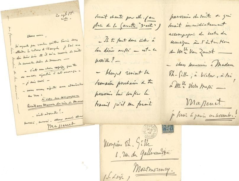 MASSENET Jules (1842-1912).
5 L.A.S. « Massenet » ou « J. Massenet », 1894-1896, la plupart à Philippe GILLE ; 11 pages in-8 ou in-12, 3 enveloppes, une adresse.
Lettres à l’ami, journaliste au Figaro et librettiste.
[Paris 12 février 1894]. « Ah ! cher ami j’ai trop mal réussi le peu de fois qu’il me soit arrivé de demander quelque chose pour insister aujourd’hui. – On ne m’aime plus dans “la Maison”. – M’y a-t-on jamais vraiment aimé ? »… Pont-de-l’Arche 29 août 1894, remerciant les Gille pour un portrait de leur fils Victor : « Quant à Philippe Gille (fils) nous allons sans doute nous revoir… sur les planches de l’Opéra-comique – s’il est curieux de connaître les trois artistes qui débutent le même soir dans Manon »… [Paris] 15 septembre 1896, au sujet de Marie VAN ZANDT qui demande un morceau à chanter à la place de « la gavotte “3e acte” » de Manon, « un morceau de virtuosité – sorte de variation – & Manon riait… & Manon rêvait… & Manon chantait !... à toi de trouver cette chose qu’elle rêve “exquise” »… 20 septembre 1896. Heugel lui a remis la nouvelle scène de Gille pour Manon : « C’est une chose exquise que tu as encore ajoutée à cet ouvrage. – Je suis ravi. – Nous avons répété avec admiration ces vers :
 L’écho son compagnon
 Riait avec Manon du rêve de Manon !
C’est adorable ! »… 4 décembre. « Ah ! que c’est bon, charmant touchant d’écrire ainsi à l’ami… des étés… qui reste celui des hivers !! »… 