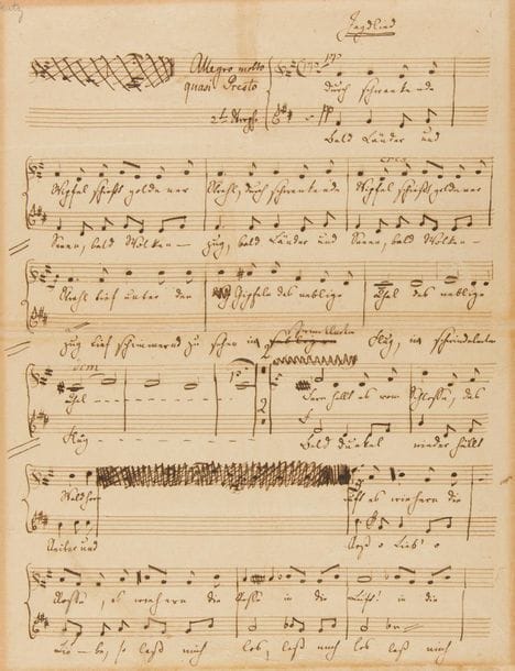 MENDELSSOHN-BARTHOLDY Felix (1809-1847).
MANUSCRIT MUSICAL autographe signé, Ruhethal et Jagdlied, [1843] ; 2 pages in-4 au recto et verso d’un feuillet 25 x 32,5 cm (fente au pli central et déchirure dans le bas réparées, une face un peu jaunie, légères traces marginales de montage).
Parties d’alto de deux des Sechs Lieder im Freien zu singen op. 59 [MWF F 21-22].
Les six Lieder im Freien zu singen (à chanter en plein air) de l’opus 59 ont été composés pour voix mixtes a capella (soprano, alto, ténor et basse, sans accompagnement) entre 1837 et 1843. Dédiés à Henrietta Benecke, une parente de la femme de Félix Mendelssohn, ils furent publiés pour la première fois en 1844.
Le manuscrit présente la partie des deux derniers lieder du recueil, les numéros 5 et 6, composés les 3 et 5 mars 1843 ; il est écrit à l’encre brune sur un papier à 12 lignes, avec chant et paroles.
Ruhethal (La Vallée du repos), sur un poème de Ludwig UHLAND (1787-1862) : « Wenn im letzten Abendstrahl, goldne Wolkenberge steigen »… Il est en ré majeur, à 2/4, marqué Adagio, et compte 35 mesures. Il est signé au bas de la page, avec un envoi à Helen von Henschke.
Jagdlied (Chanson de chasse), sur un poème de Joseph von EICHENDORFF (1788-1857) : « Durch schwankende Wipfel Schießt goldener Strahl »… Il est en si mineur, à 4/4, marqué Allegro molto quasi Presto ; il est écrit sur deux lignes, la deuxième strophe au-dessous de la première, pour les 17 premières mesures (la fin manque), avec un passage biffé.
Discographie : RIAS Kammerchor, Hans-Christoph Rademann (Harmonia Mundi, 2008).