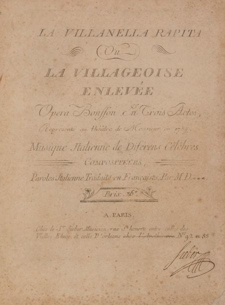 MOZART Wolfgang Amadeus (1756-1791).
La Villanella Rapita Ou La Villageoise Enlevée Opera Bouffon En Trois Actes, Représenté au théâtre de Monsieur en 1789. Musique Italienne de Diférens Célébres Compositeurs, Paroles Italienne Traduite en Françaises, Par M. D .*** (Paris, Sieber, [1789]) ; un volume in-fol. (33,5 x 26 cm) de 267 pages, cartonnage début XIXe s. demi-vélin vert à coins, portant sur le plat sup. l’étiquette d’Abonnement de lecture musicale… chez Ph. Petit, successeur de Gaveaux… (petit manque au coin inf. droit du titre, petite fente marginale p. 21-22, pliure marginale aux 2 derniers ff. avec petit trou, intérieur légèrement empoussiéré avec de légères brunissures).
Très rare première édition du Terzetto Mandina Amabile (K. 480) de Mozart, seule partition d’orchestre opératique publiée de son vivant.
Ce Terzetto pour soprano, ténor et basse a été ajouté par Mozart à l’opera buffa de Francesco Bianchi, sur un livret de Giovanni Bertati, La Villanella rapita, pour les représentations du Burgtheater à Vienne en 1785 ; il a été inséré lors de la reprise française sous forme de « pasticcio » le 15 juin 1789, et dans la partition d’orchestre publiée alors par Sieber.
Le « Trio del Sigr Mozart » conclut l’acte I (p. 51-71), et rassemble le Comte (« Mandina amabile »… ou « Prends donc ma reine »…), Mandine puis Philippe. Les autres compositeurs, nommés en tête de chaque morceau, sont Francesco Bianchi, Benedetto Ferrari, Giovanni Paisiello, Pietro Guglielmi, Giuseppe Sarti, et Giovanni Battista Martini.
Partition gravée avec le n° de cotage 1060.
Signature de l’éditeur SIEBER sur le titre, où son adresse est corrigée sur la planche, et le prix corrigé à la main (36 au lieu de 30 livres). Quelques annotations et corrections ont été portées au crayon à la main.
Très rare édition de ce « pasticcio », dont Haberkamp n’a recensé que trois exemplaires. Selon lui, c’est la seule partition d’orchestre d’opéra publiée du vivant de Mozart.
Bibl