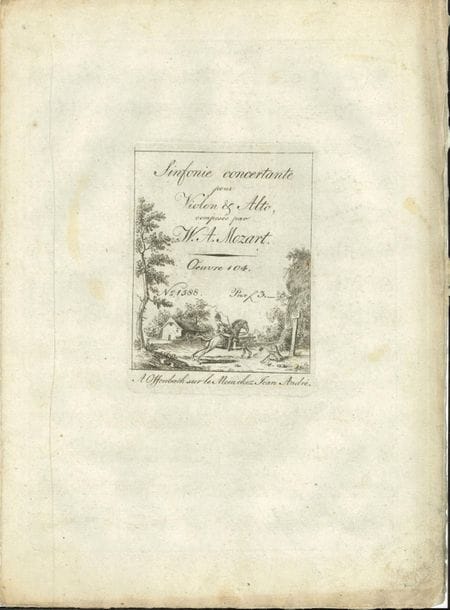 MOZART Wolfgang Amadeus (1756-1791).
Sinfonie concertante pour Violon & Alto, composée par W.A. Mozart. Oeuvre 104 (Offenbach sur le Mein chez Jean André, [1802]) ; 9 parties in-fol. (34,5 x 25 cm) en feuilles, sous chemise moderne à rabats dos toilé.
Très rare première édition de la Symphonie concertante pour violon et alto K. 364, complète de toutes les parties solistes et d’orchestre.
Musique gravée avec le numéro de cotage 1588, les deux parties solistes avec titre formant couverture orné d’une charmante vignette gravée.
Violino principale (9 p.), Viola principale (9 p.), Violino primo (5 p.), Violino secondo (5 p.), Due viole rip. (6 p.), Basso è violoncello (4 p.), Oboe primo (2 p.), Oboe secondo (2 p.), Corno primo (2 p.), Corno secondo (2 p.). Plus une copie ancienne de la partie de Basso & Violoncello (11 p.).
Haberkamp n’a recensé que quatre exemplaires de cette édition, d’autant plus précieuse que l’absence du manuscrit en fait la source de référence.
Bibliographie : Gertraut Haberkamp, Die Erstdrücke der Werke von Wolfgang Amadeus Mozart (Tutzing, 1982), p. 159 ; RISM M 5752.