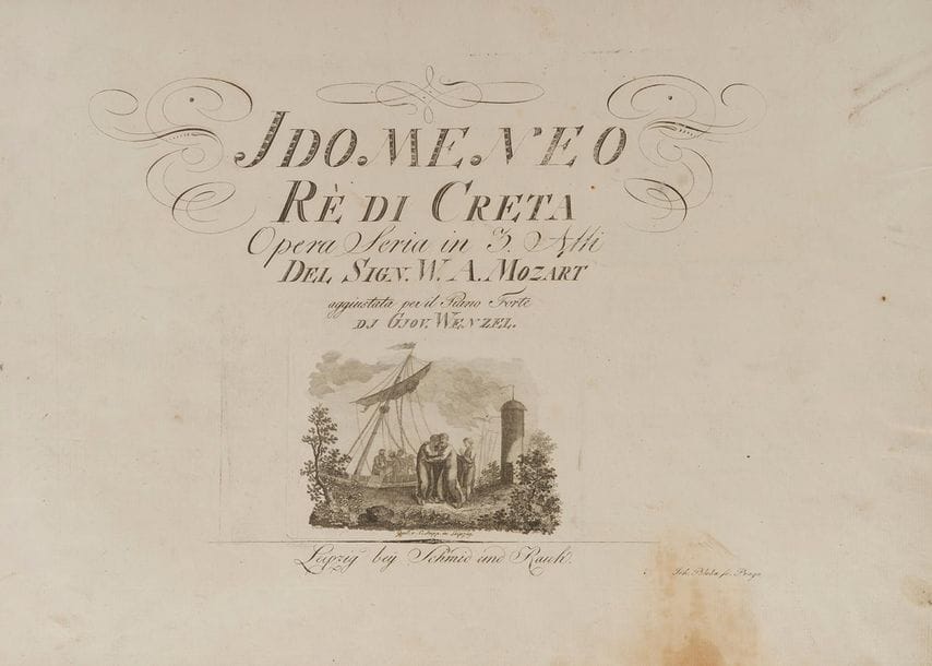 MOZART Wolfgang Amadeus (1756-1791).
Idomeneo Rè di Creta. Opera Seria in 3. Atti ... aggiustata per il Piano Forte di Giov. Wenzel (Leipzig bey Schmid und Rauh, [1797]) ; un volume oblong in-fol. (31 x 45 cm) de [2 ff.]-182 pages, cartonnage de l’époque un peu usagé.
Rare première édition de l’opéra Idoménéo (émission C de Haverkamp).
Titre gravé par Joh. Berka à. Prague avec vignette gravée par C. Seipp de Leipzig. Liste imprimée des souscripteurs. Musique gravée, en grand format, et avec de grandes marges.
Cette réduction pour chant et piano est due au compositeur pragois Johann WENZEL dit Giovanni Punto (1746-1803).
Page de titre recousue en marge (avec légère brunissure) ; petite manque dans la marge inf. des p. 101-102 ; mouillures dans les marges inf. de plusieurs ff. ; quelques petits trous de ver ; quelques rousseurs.
Édition rare et recherchée, dont six exemplaires seulement ont été recensés par Haberkamp. La partition d’orchestre n’a été publiée qu’en 1801 ; un seul autre opéra de Mozart, Don Giovanni, a été publié complètement avant la mort du compositeur en décembre 1791. 
Belle copie à grandes marges, complète de la liste des souscripteurs, et le titre correctement corrigé. Haberkamp n’a pu établir une suite chronologique entre les quatre émissions A à D, sur les papiers desquelles on retrouve les mêmes filigranes.
Bibliographie : Gertraut Haberkamp, Die Erstdrücke der Werke von Wolfgang Amadeus Mozart (Tutzing, 1982), p. 161-162 (émission C) ; RISM M 4189.