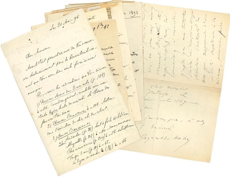MUSIC.
About 50 letters or cards, most of them L.A.S. addressed to the cellist and conductor Achille KERRIOU, circa 1890-1905 (traces of editing, and some
defects).

Louis-Albert Bourgault-Ducoudray, Alfred Bruneau, Cécile Chaminade, Gustave Chapentier, Édouard Colonne, César CUI (May 30, 1896, details for the performance of his opera Le Prisonnier du Caucase, especially the Circassian Dances), Théodore Dubois, Alphonse Duvernoy, Louis Fabulet, Louis Ganne, Alexandre Georges, Benjamin Godard, Augusta Holmès, Reynaldo HAHN (on Mozart), Victorin Joncières, Paul Lacombe, Charles Lamoureux, Sylvio Lazzari, Fernand Le Borne, Charles Lenepveu, Alexandre Luigini, Marmontel, Jules MASSENET (9), J. Guy Ropartz, Camille SAINT-SAËNS (7), Paul Vidal

, etc.


Some drafts of Italian tunes, early 19th c. are attached.




















