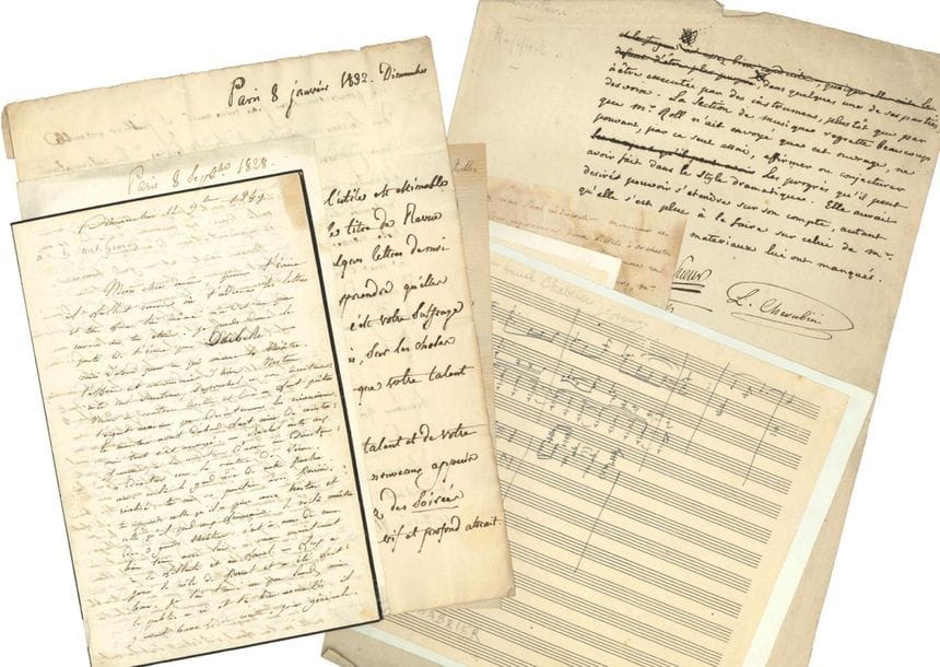 MUSIQUE.
52 lettres ou pièces, la plupart L.A.S.
Adolphe ADAM (1849, à Saint-Georges, longue lettre sur leur collaboration et la nouvelle direction de l’Opéra), Pierre-Hyacinthe AZAÏS (2, à Panseron 1828, et à Baillot 1832), Albert BOURGAULT-DUCOUDRAY (voyage en Suisse et concert à Zurich), Alfred BRUNEAU, Emmanuel CHABRIER (esquisse musicale), Cécile CHAMINADE (2), Luigi CHERUBINI (2, dont la fin d’un rapport cosigné par Gossec, Le Sueur et Berton), Léo DELIBES, Théodore DUBOIS (2), Pauline DUCHAMBGE (2), Reynaldo HAHN (2), Marie KRYSINSKA (5 à Jacques du Sautoy, « co-hydropathe »), Charles LECOCQ (2), Franz LEHÁR (carte de visite a.s. à Max Eschig), Charles MALHERBE (8), Jules MASSENET (3), Ferdinand PAËR (à Zimmerman), Ferdinand POISE, Joachim RAFF (Weimar 1854, à C.F. Peters), Ernest REYER (7, notamment sur Sigurd et Salammbô), Jean ROGER-DUCASSE (2), Oscar STRAUS (photo dédic.), Claude TERRASSE, Ambroise THOMAS (1868, sur les obsèques de Rossini), Édouard WOLFF (ms de 3 pièces pour piano).
On joint 3 manuscrits musicaux en copie : Gabriel Pierné (Fantaisie basque pour violon et piano dédié à Jacques Thibaud), A. Rubio (Plegaria pour violoncelle et orgue), Henri Wieniawski (Caprice arrangé par Jacques Thibaud avec envoi autogr. de Thibaud à Jules Boucherit) ; plus le programme illustré des Concerts de danse N. Trouhanowa (1912, ex. de Gustave Samazeuilh avec sa signature, défauts à la couv.).