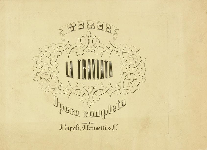 VERDI Giuseppe (1813-1901).
La Traviata. Melodramma tragico di F.M. PIAVE posto in musica dal Cavaliere G. VERDI. L’Opera intera per Pianoforte solo (Napoli, Clausetti e C°, [1854]); in-4 oblong, 122 pages, broché, couverture jaune de l’éditeur (très légères salissures à la couverture).
Rarissime première édition de la version originale de La Traviata, avec d’autres partitions de Verdi.
Cette édition est publiée sous deux formes : les parties de chant seul sans accompagnement (« per canto ») vendues 6 ducati, et la réduction pour piano sans voix (« per Pianoforte solo ») vendue 4 ducati. Ces deux partitions, les seules à donner la version originale de l’opéra, sont rarissimes. C’est ici la réduction pour piano (« riduzione di L. Truzzi »), c’est-à-dire sans les parties vocales publiées séparément, publié en même temps qu’elles, et partageant la même page de titre et le premier numéro (« Preludio »). Elle comporte les lignes vocales, et une partie du texte chanté, mais intégrées dans la partie pour piano, au lieu de figurer sur une portée séparée. La partition est entièrement gravée sur double portée, et compte 16 numéros, avec les cotages 1651-1666. La couverture de papier jaune annonce : « Opera completa » ; le titre est entouré d’une bordure octogonale. 
L’édition Ricordi n’a paru qu’en 1855, après que Verdi eut révisé l’opéra pour Venise, en mai 1854 (bien que Ricordi ait préparé dix numéros en 1853, il n’y eut aucune édition intégrale). Ainsi, « la seule impression de […] la version originale de La Traviata fut chez Clausetti, à Naples » (Fuld).
On joint : – Rigoletto (Milan, Ricordi, [1851]), duo n° 7 seulement, musique gravée, cotage 23177, pagination simple (1-9), jolie vignette de titre lithographiée représentant le fameux quatuor de l’acte III. – Giovanni d’Arco, [3 numéros], (Naples, Girard, [1845]). – Alzira, [4 numéros] (Naples, Flli Fabricatore, [1845 ?]), titre à bordures ornementales bleues, cotages 195-198 [l’opéra fut représenté pour 