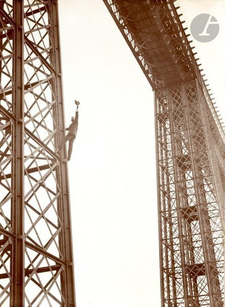 P. Macheret (Fribourg) 
Man climbing a
 metal 
bridge
, c. 1903-1908. 

Print on citrate paper laminated on cardboard. Photographer's credit and handwritten dates

 on the montage. 23.5 x 17 cmD
.

 Macheret
 (Fribourg

)Man climbing a metal bridge, c. 1903-1908

.

 Citrate print, mounted on cardboard. Photographer's credits and handwritten dates on the

 mount. 

23.5 x 17 cm

