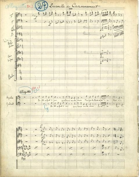 Henri CASADESUS (1879-1947). 2 manuscrits musicaux autographes signés, Le Rosier, [1902-1913] ; 336 pages in-fol. environ sous reliure toile noire usagée, 66 et 20 pages in-fol. 
On joint le manuscrit autographe signé de la partition de piano du Ballet (titre et 19 pages), signée des deux noms ; la pagination est continue, mais cette partition ne comprend pas la Bourrée ; elle comprend de nombreuses indications d'instrumentation à l'encre rouge.

Partitions d'orchestre de cette opérette et de son ballet.
Le Rosier, opérette en 3 actes sur un livret de Maurice Devilliers, fut créé le 16 août 1913 au Casino du Mont-Dore, et reprise le 23 février 1925 aux Folies-Dramatiques. Le manuscrit est signé du pseudonyme " Christian Riquet ", utilisé à diverses reprises par Henri Casadesus, compositeur, chef d'orchestre, altiste et joueur de viole d'amour. ; il a signé aussi de son vrai nom.
Le manuscrit a servi de conducteur et présente de nombreuses corrections, annotations et additions, ainsi que des passages coupés et biffés au crayon bleu ou à l'encre rouge ; l'un des derniers feuillets porte un portrait au crayon bleu d'un homme au nez pointu. Il est accompagné de la partition d'orchestre du " Ballet " du Rosier, rebaptisé Divertissement Bressan, signée des deux noms et datée 1902. Le ballet est en 4 parties : Ebaude, Musette, Bourrée, Bredifaille.
