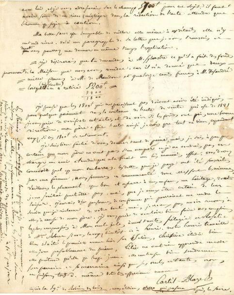 François-Henri-Joseph Blaze, dit CASTIL-BLAZE (1784-1857) compositeur et critique musical. 11 L.A.S., Paris 1821-1838, à son oncle Sébastien Blaze, notaire à Cavaillon (une à son père, notaire à Avignon, et une à sa sœur Henriette) ; 32 pages in-4, adresses. On joint 3 l.a.s. de son neveu Sébastien Blaze fils (1822), de son frère Elzéar (1838), et de son fils Henri (1844).

Belle correspondance familiale, évoquant le monde de la musique et du journalisme. 9 avril 1821, justifiant pour son père sa décision de se fixer à Paris, fondée sur la nécessité d'indépendance financière et des charges de famille : " je ne vois que le métier que je fais qui puisse me donner de quoi vivre et de quoi élever mes enfans. [...] toutes les chances sont pour moi "... 18 mai 1825. " Mon théâtre et mon commerce m'ont rendu cette année vingt-cinq mille francs environ "... Cependant il prie son oncle de s'occuper de ses affaires, et expose les détails d'une proposition de vente de sa belle-sœur Angélique Bury... 15 octobre 1828. Annonce de la mort de sa femme, " notre bonne Félise ", après une longue et douloureuse maladie (détails)... 5 février 1833. " L'année dernière a été très mauvaise pour moi, j'ai quelques espérances pour celle-ci mais elles sont fort éloignées " : son Don Juan passera après Le Bal masqué d'Auber et Scribe. " Si Rossini me manque et qu'il faille trop attendre pour passer à l'Opéra je me déciderai à transmuter ce drame lyrique en un drame parlé pour la Porte St Martin où Victor Hugo vient d'obtenir un succès admirable, Lucrèce Borgia. Je fais de la prose dans Le Constitutionnel et La Revue de Paris, c'est là le plus clair de mon affaire "... La rumeur court dans le monde d'un mariage de sa " grosse dévote " de fille Christine, avec Jules Janin... Débuts de son fils dans le journalisme... 27 décembre 1834. Commentaire sur une épreuve de force entre le directeur de l'Opéra-Comique et la " coalition des auteurs ". On répète maintenant Robin des Bois : " nous irons