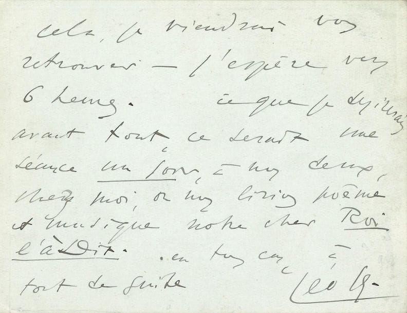 Léo DELIBES (1836-1891). L.A.S., samedi [décembre 1883], à un ami [le librettiste Edmond Gondinet] ; 2 pages oblong in-12.

Relative au départ de Marie Van Zandt, interprète du rôle-titre de Lakmé [dernière représentation le 13 janvier 1884]. " J'ai rendez-vous à 5 heures au Figaro pour obtenir une note concernant le départ de Mlle Van-Zandt, qui nous abandonne, au commencement de janvier. [...] Ce que je désirerais avant tout, ce serait une séance un soir, à nous deux, chez moi, où nous lirions poème et musique notre cher Roi l'a dit "...