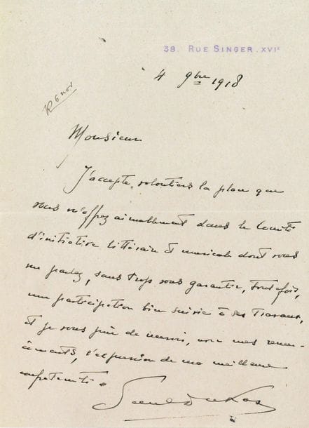 Paul DUKAS (1865-1935). L.A.S., 38 rue Singer, XVIe 4 novembre 1918 ; 1 page in-8. 
On joint une L.A.S. de Reynaldo Hahn au violoniste Georges Guérin, et 3 l.a.s. relatives à Hahn, de son ami Guy Ferrant, sa secrétaire H. de Charné, et sa nièce Clarita de Forceville.

" J'accepte volontiers la place que vous m'offrez aimablement dans le Comité d'initiative littéraire et musicale dont vous me parlez, sans trop vous garantir, toutefois, une participation bien suivie à ses travaux "...