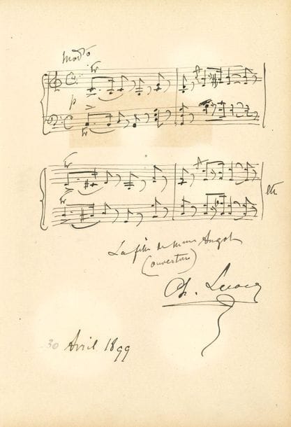 Charles LECOCQ (1832-1918). 2 L.A.S. et 1 P.A.S., 1881-1899 et sans date ; 3 pages in-8 et 1 page petit in-4 (petits défauts).

Paris 27 juin 1881, à une dame. " L'ouvrage que je ferai représenter cet hiver n'est pas intitulé La Petite Fée ainsi que l'ont par erreur annoncé les journaux. Pas une note encore n'en est écrite, et je n'ai encore pris aucun arrangement avec mon éditeur. D'habitude je lui vends la propriété pour l'Espagne et le Portugal où jusqu'à présent je n'ai touché que peu ou point de droits d'auteur ".... - Au sujet de La Mariée de Douarnenez : " Tout bien examiné, je crois qu'il n'y a rien à faire à la Gaîté "... Avril 1899. 4 mesures de " La Fille de Mme Angot (ouverture) ".